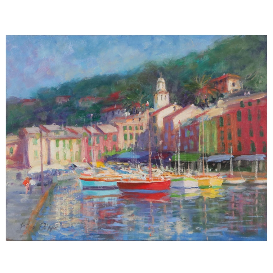 Nino Pippa Harbor Scene Oil Painting "Portofino," 2018