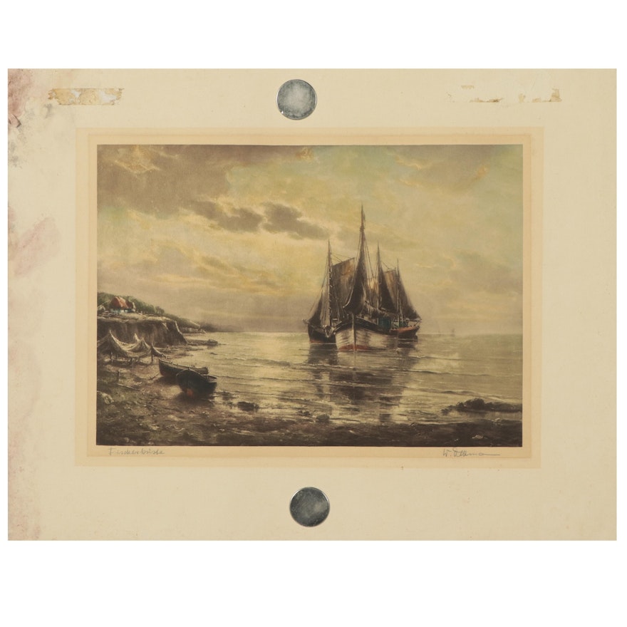 Hand-Colored Lithograph "Fischerboote," Mid to Late 20th Century