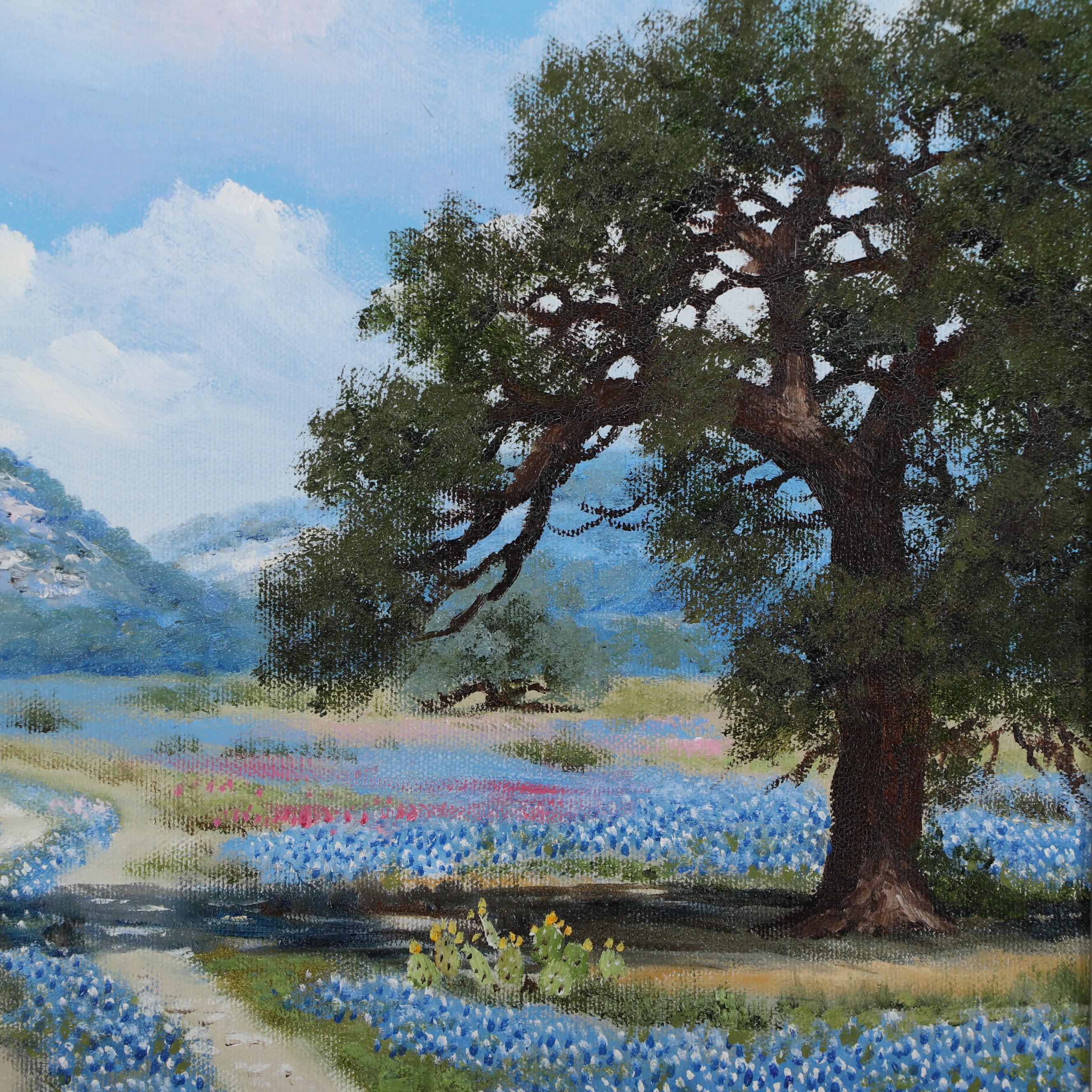 William Slaughter Landscape Oil Painting of Bluebonnet Field, Late 20th Century
