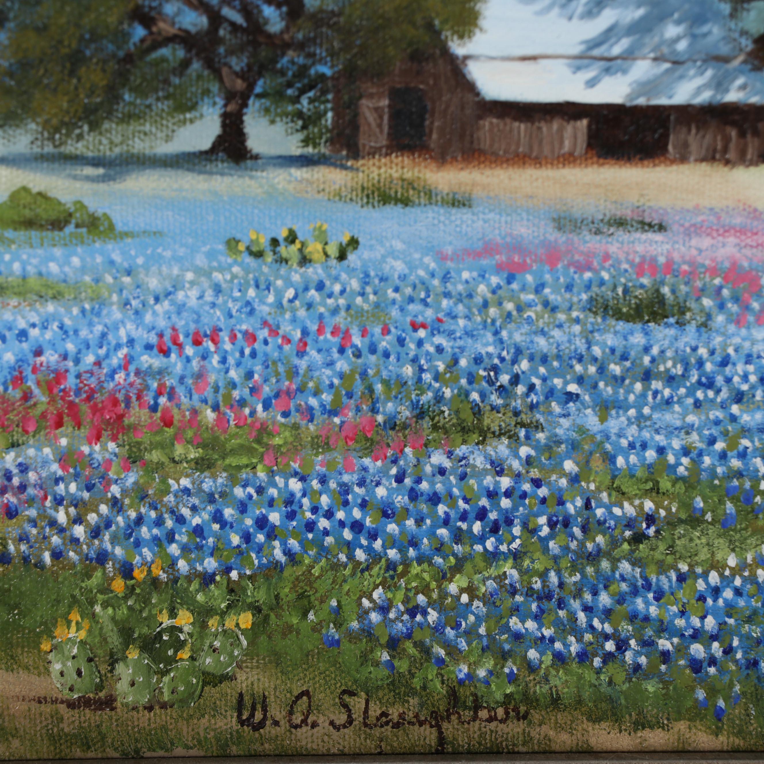 William Slaughter Landscape Oil Painting of Bluebonnet Field, Late 20th Century