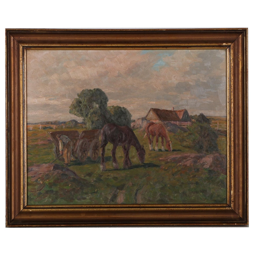 Oil Painting of Grazing Horses, Early 20th Century