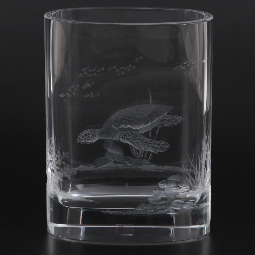 Moser Glass Cut and Engraved Sea Turtle Vase