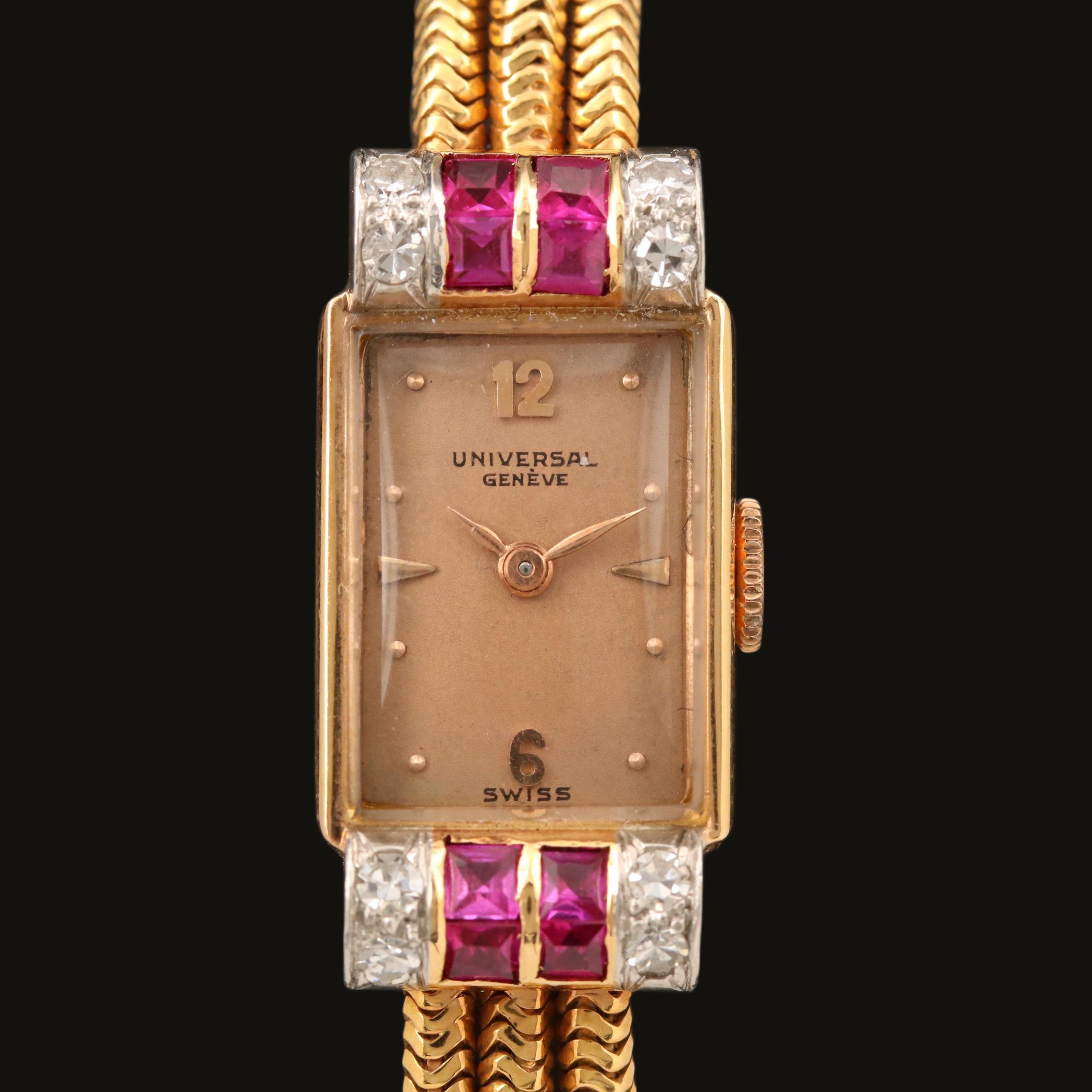 18K Universal Geneve Diamond and Ruby Watch