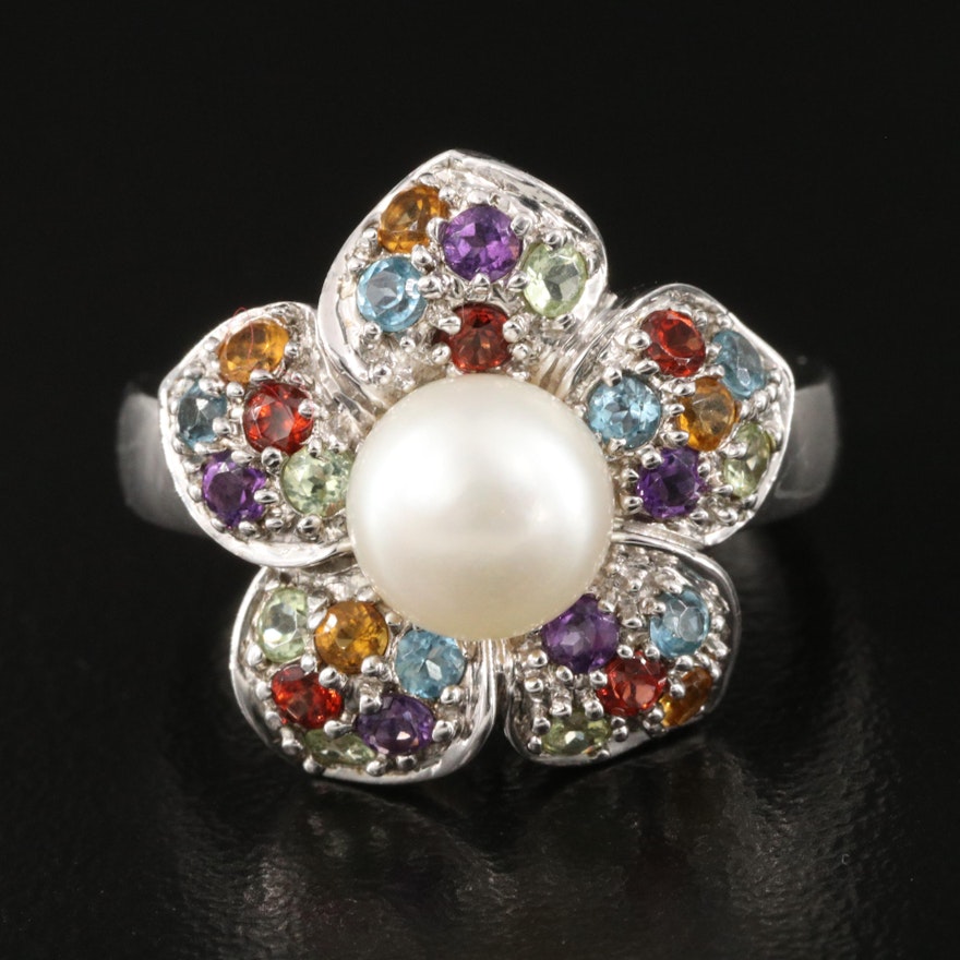 Sterling Silver Pearl, Amethyst and Topaz Flower Ring