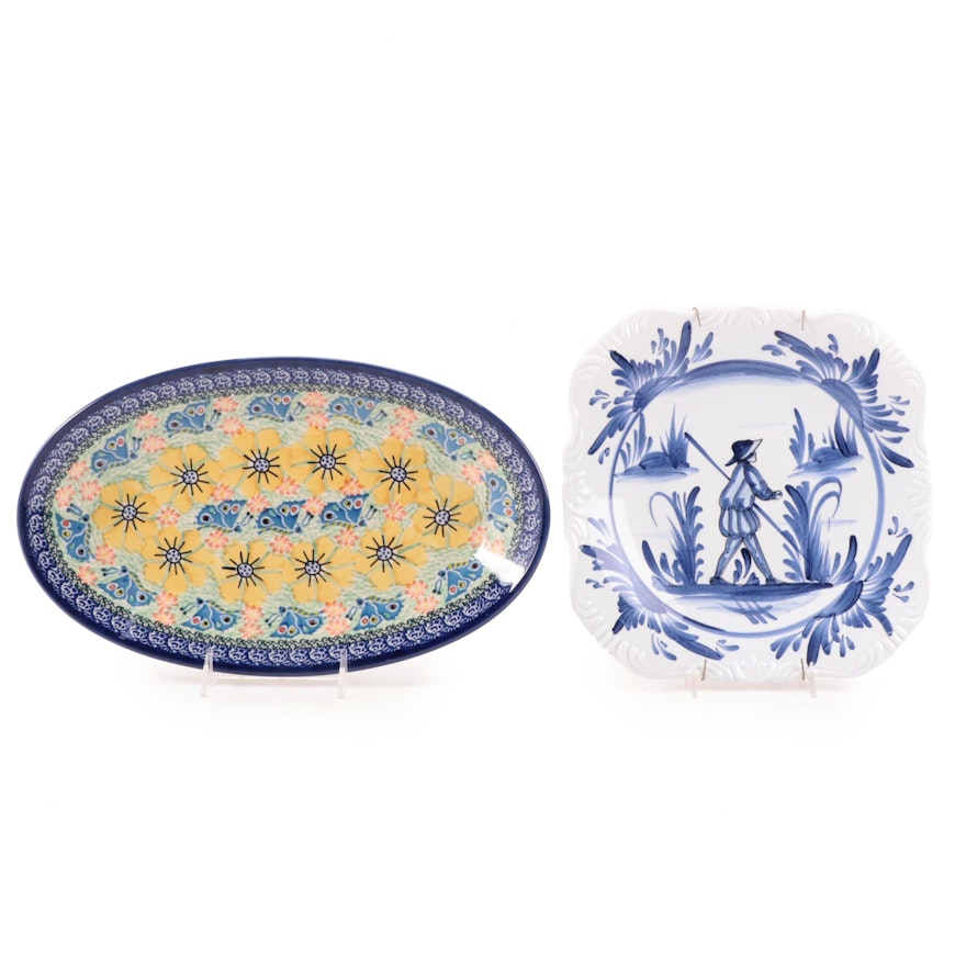 Unikat Polish Hand-Painted Ceramic Tray, Greek Blue and White Decorative Plate