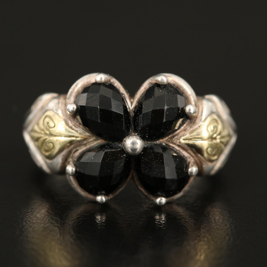 Ann King Sterling Black Onyx Flower Ring with 18K Green Gold Accent