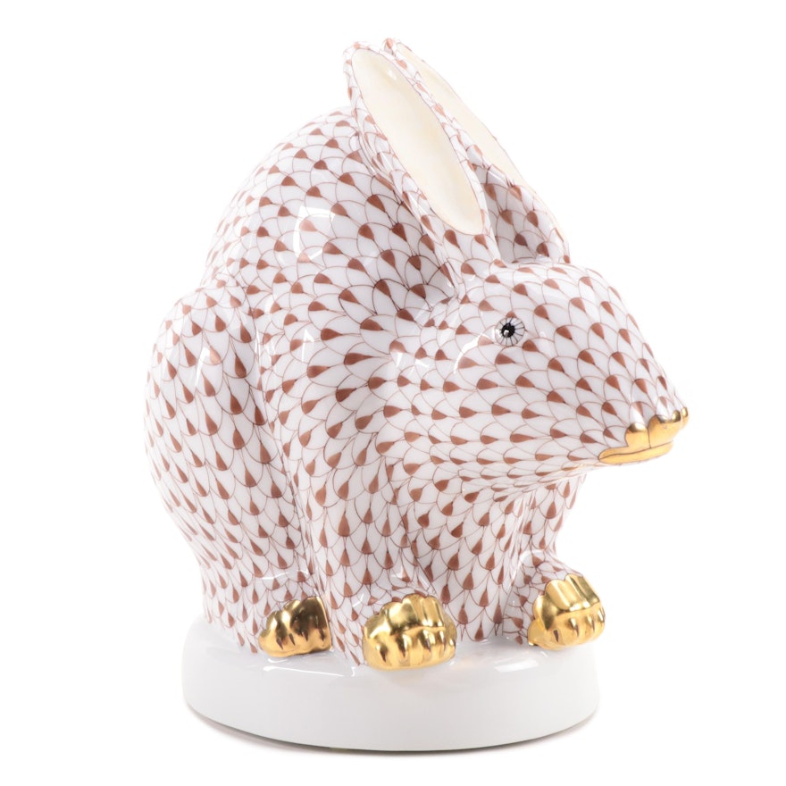 Herend Chocolate Fishnet with Gold "Large Sitting Rabbit" Porcelain Figurine