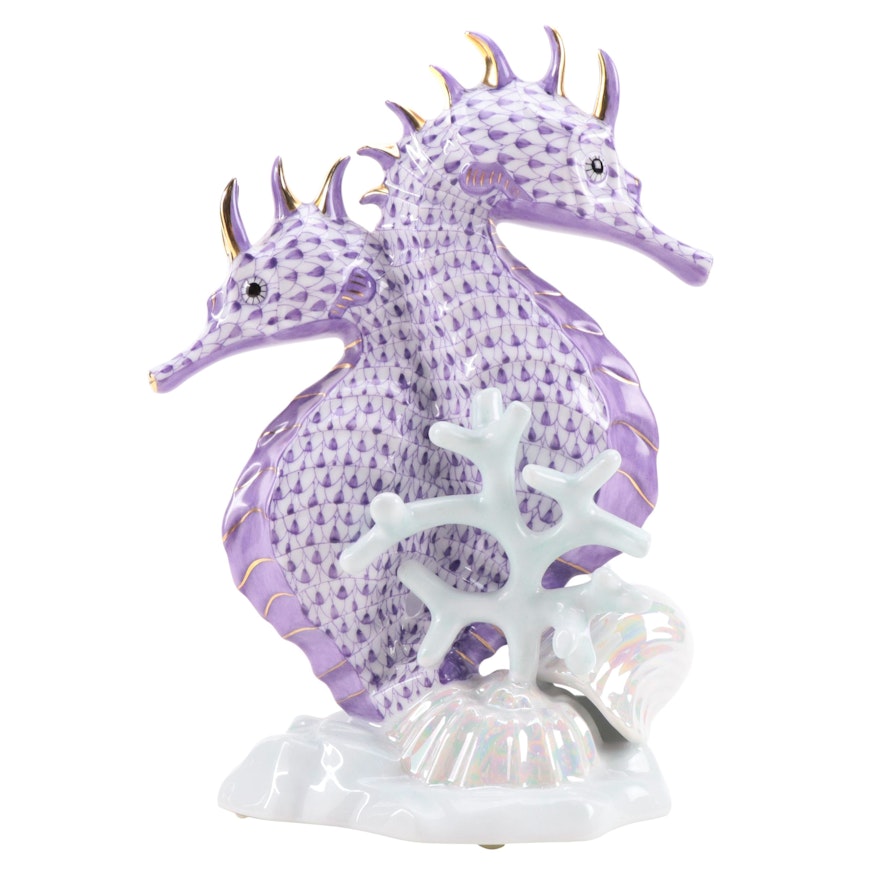 Herend Lavender Fishnet and Gold "Seahorse" Porcelain Figurine