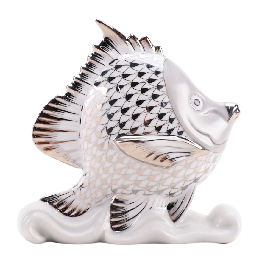 Herend Black and Platinum Fishnet "Tropical Fish" Porcelain Figurine