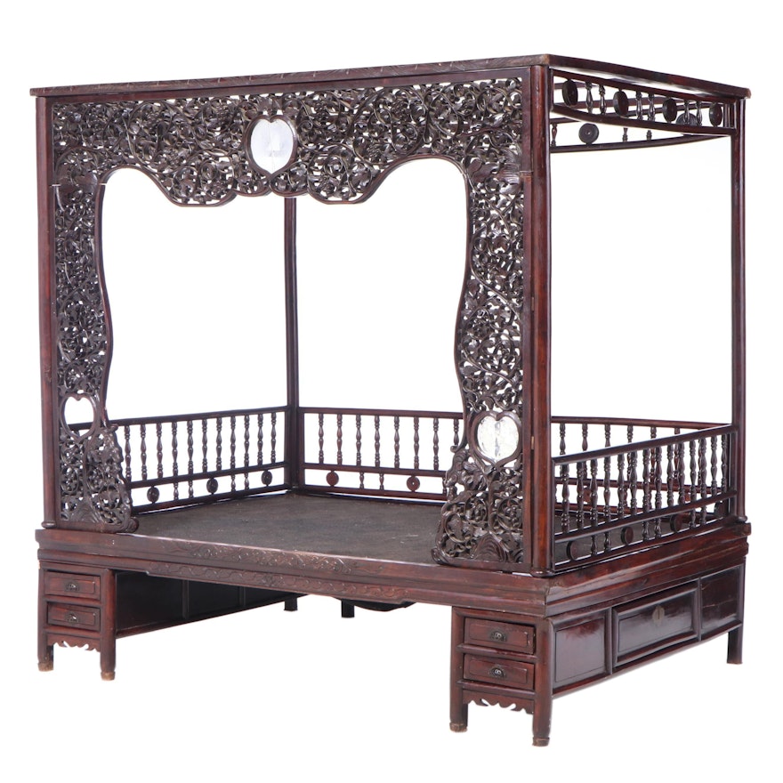 Late Qing Carved Hardwood and Glass Marriage Bed, Late 19th/Early 20th Century