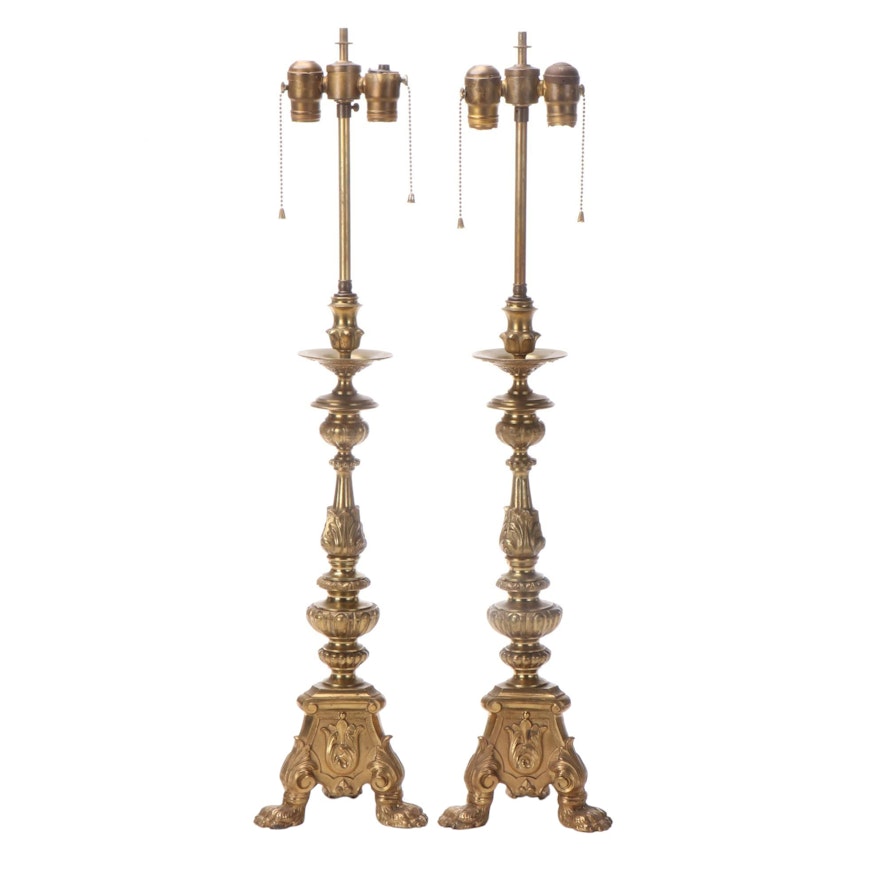 Pair of Neoclassical Acanthus Leaf and Claw Footed Brass Candlestick Lamps