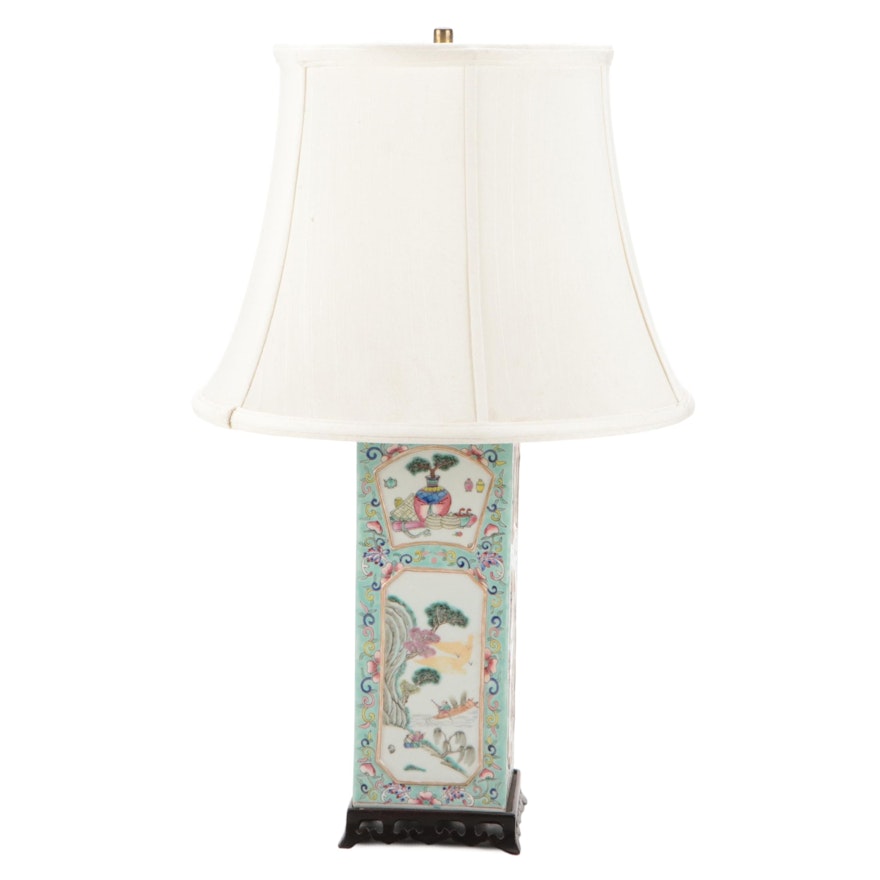 Chinese Hand-Painted Famille Verte Porcelain Lamp on Wood Base