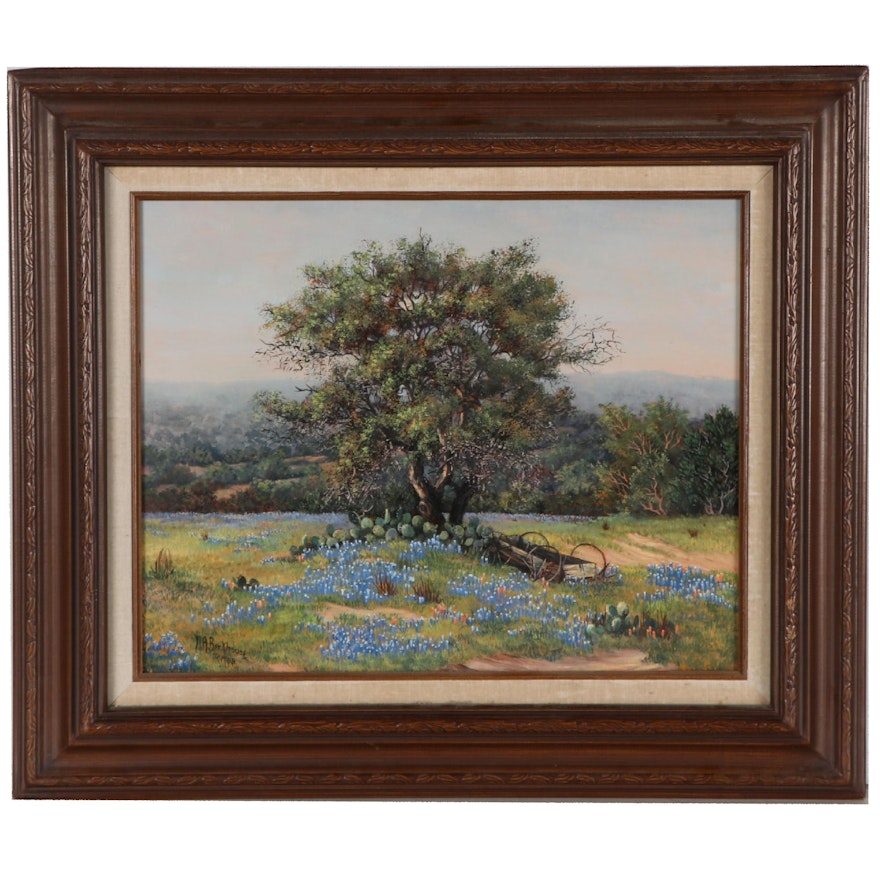 Nancy Berkhouse Landscape Oil Painting With Bluebonnets, 1988