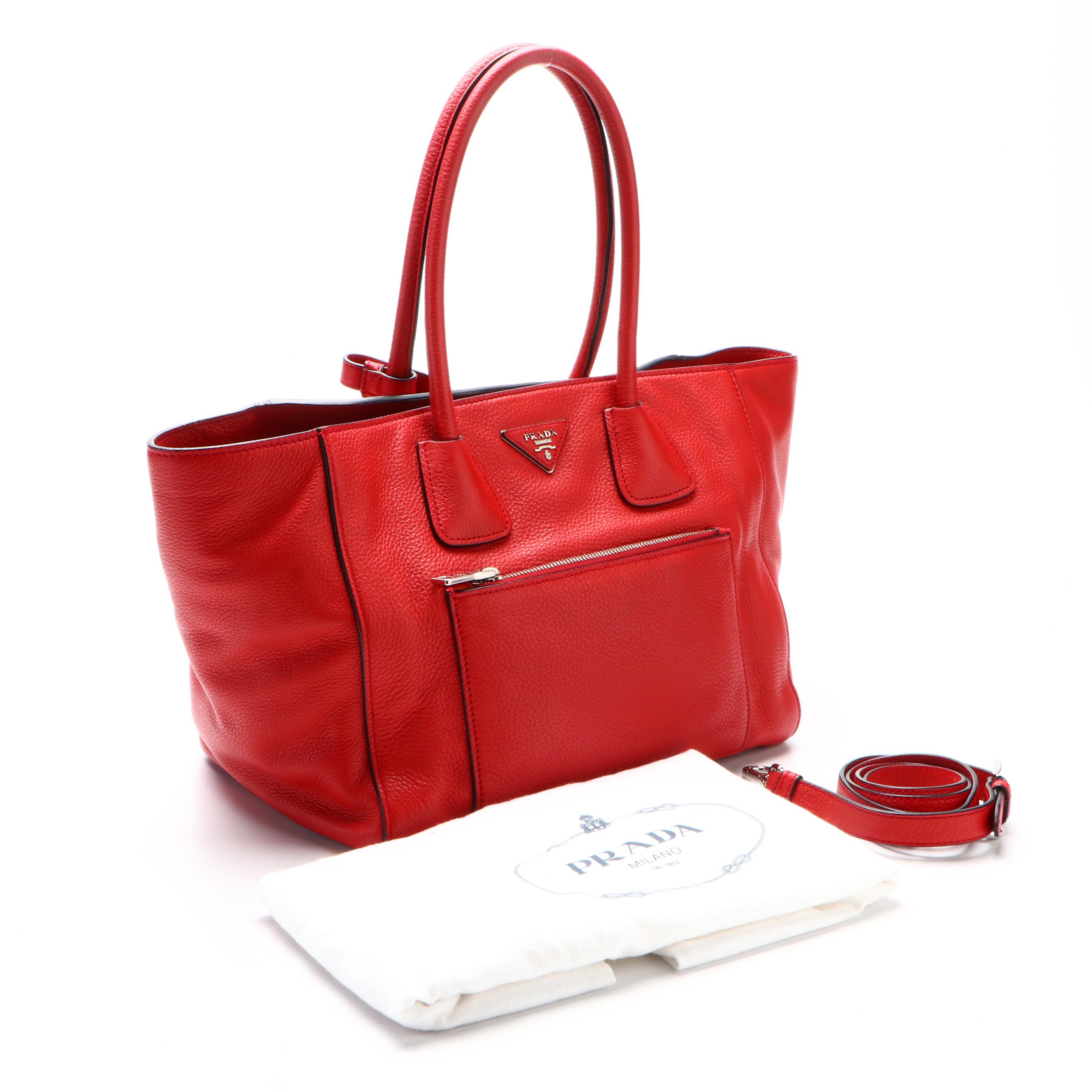 Prada Red Vitello Daino Leather Front Pocket Wing Convertible Tote