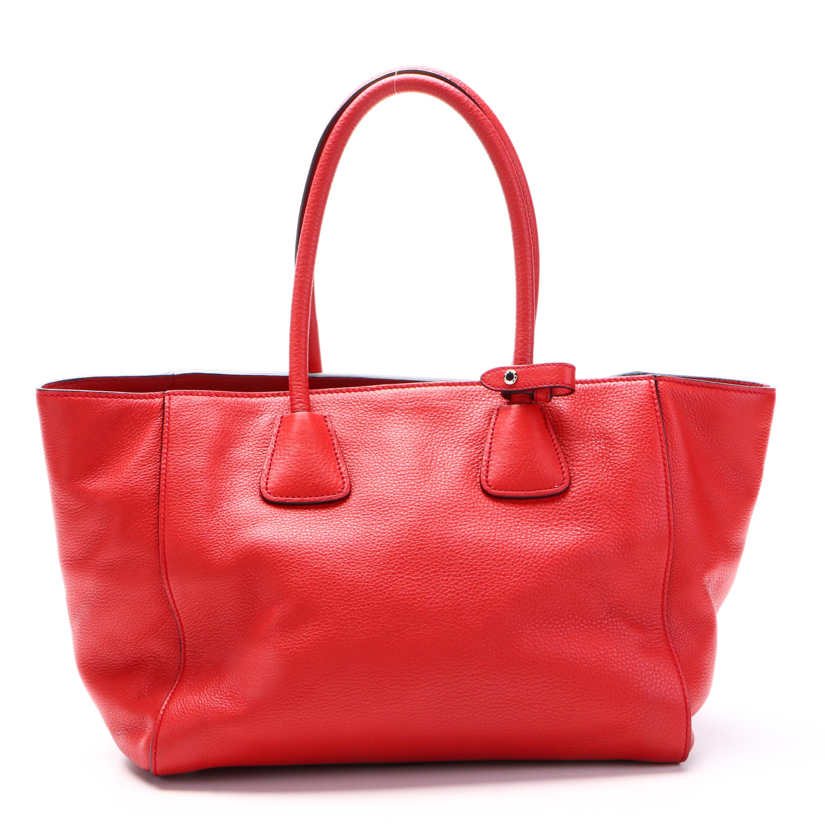 Prada Red Vitello Daino Leather Front Pocket Wing Convertible Tote