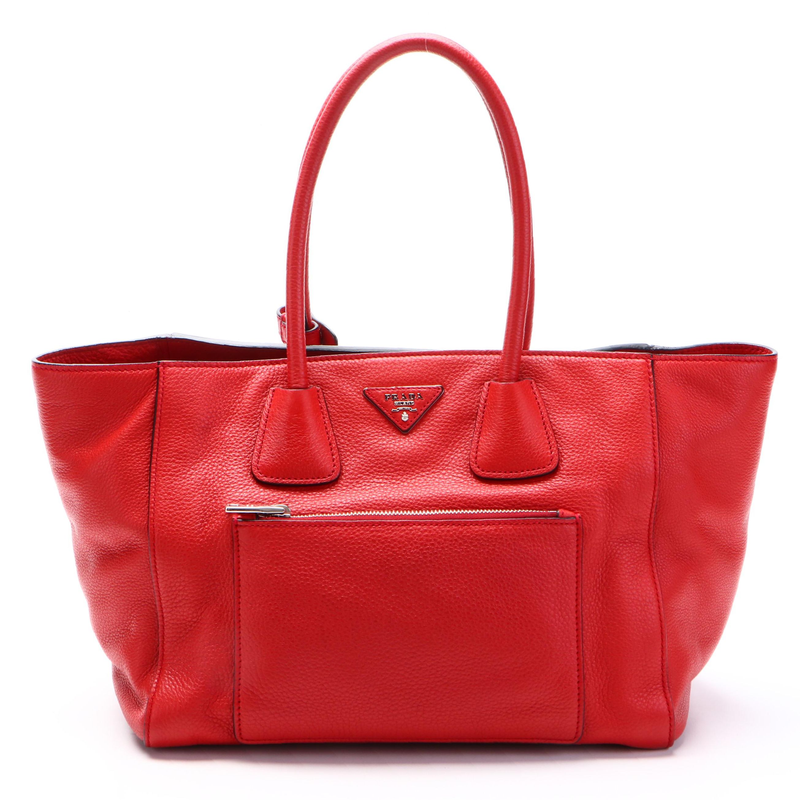 Prada Red Vitello Daino Leather Front Pocket Wing Convertible Tote
