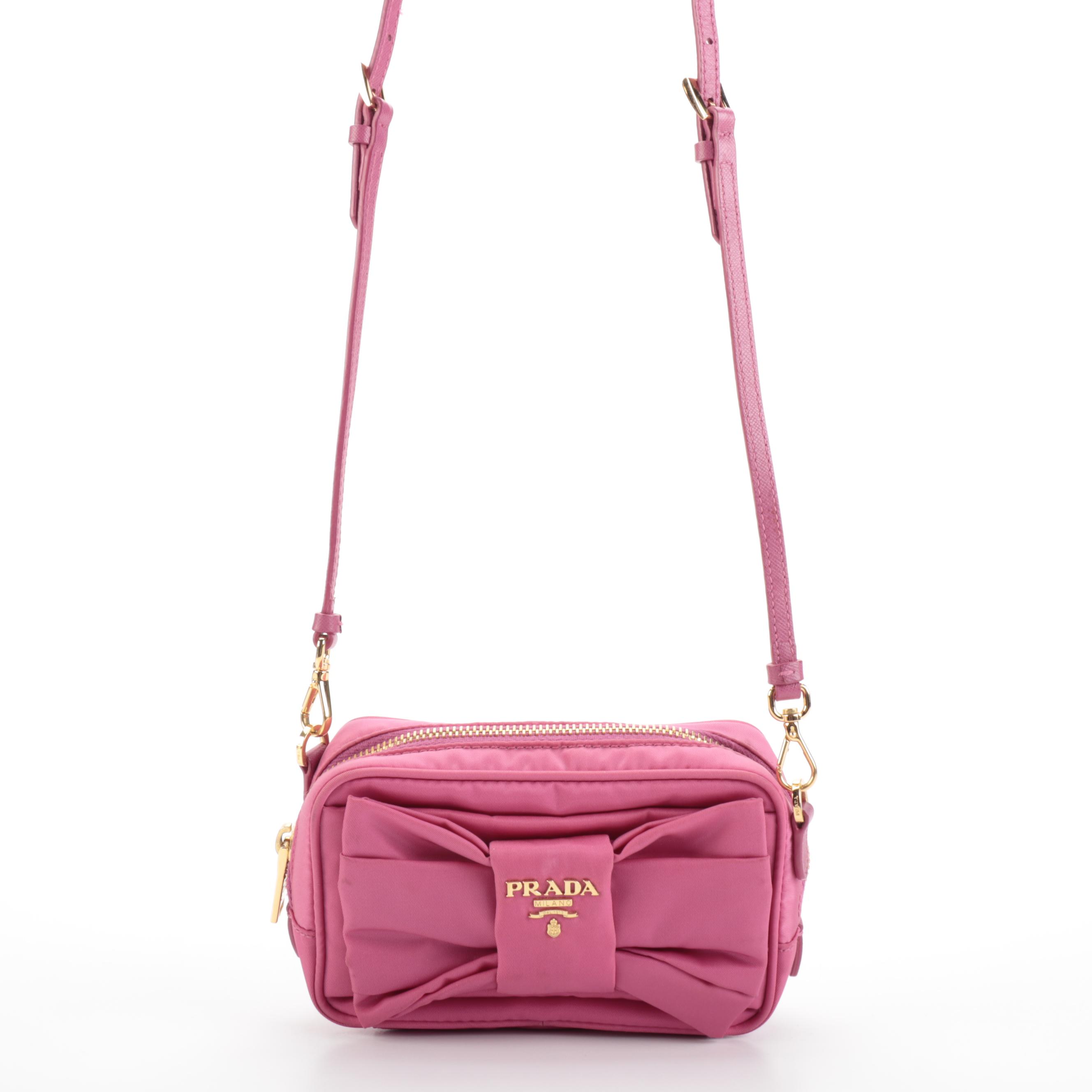 Prada Tessuto Bow Camera Crossbody Bag in Pink Nylon and Saffiano Leather