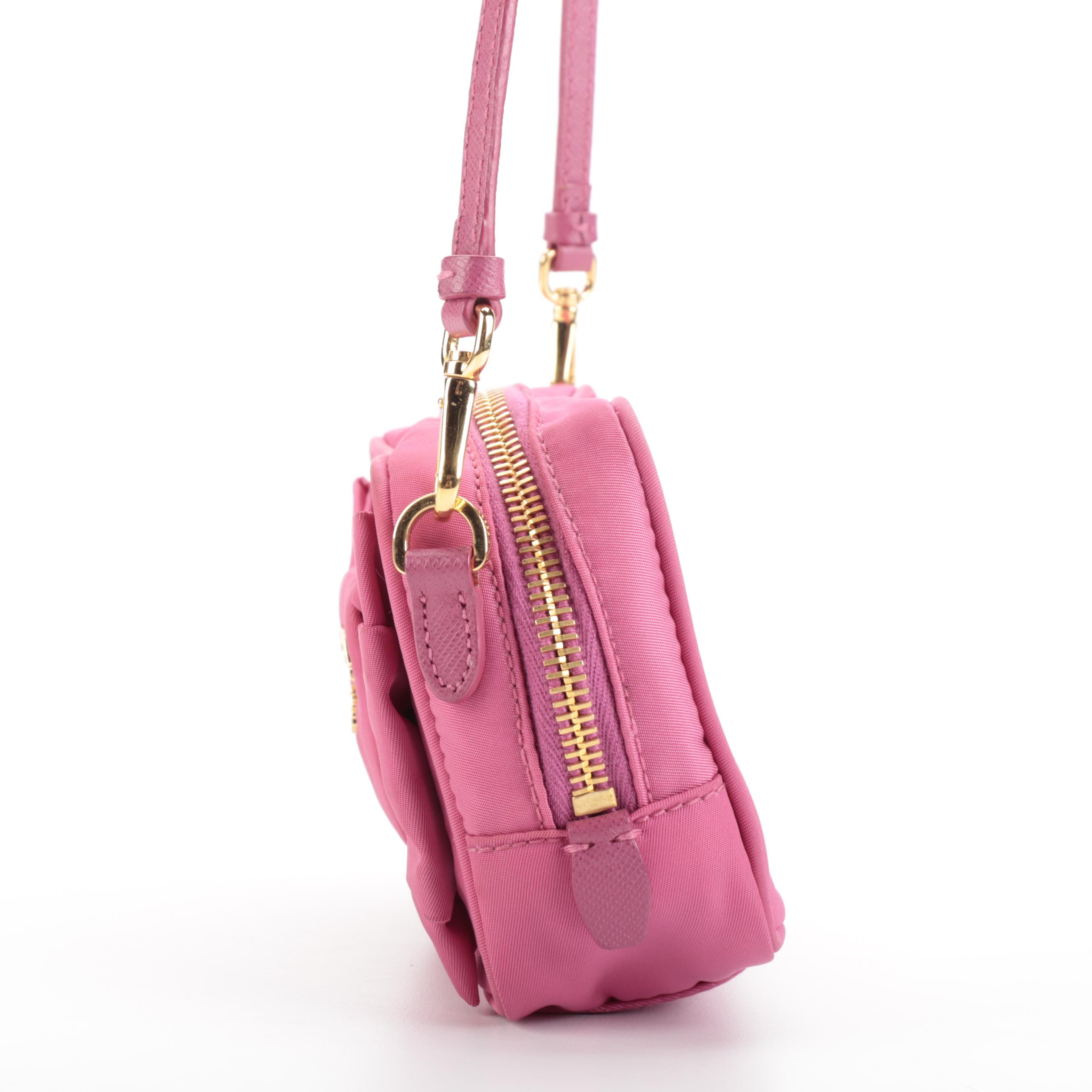 Prada Tessuto Bow Camera Crossbody Bag in Pink Nylon and Saffiano Leather