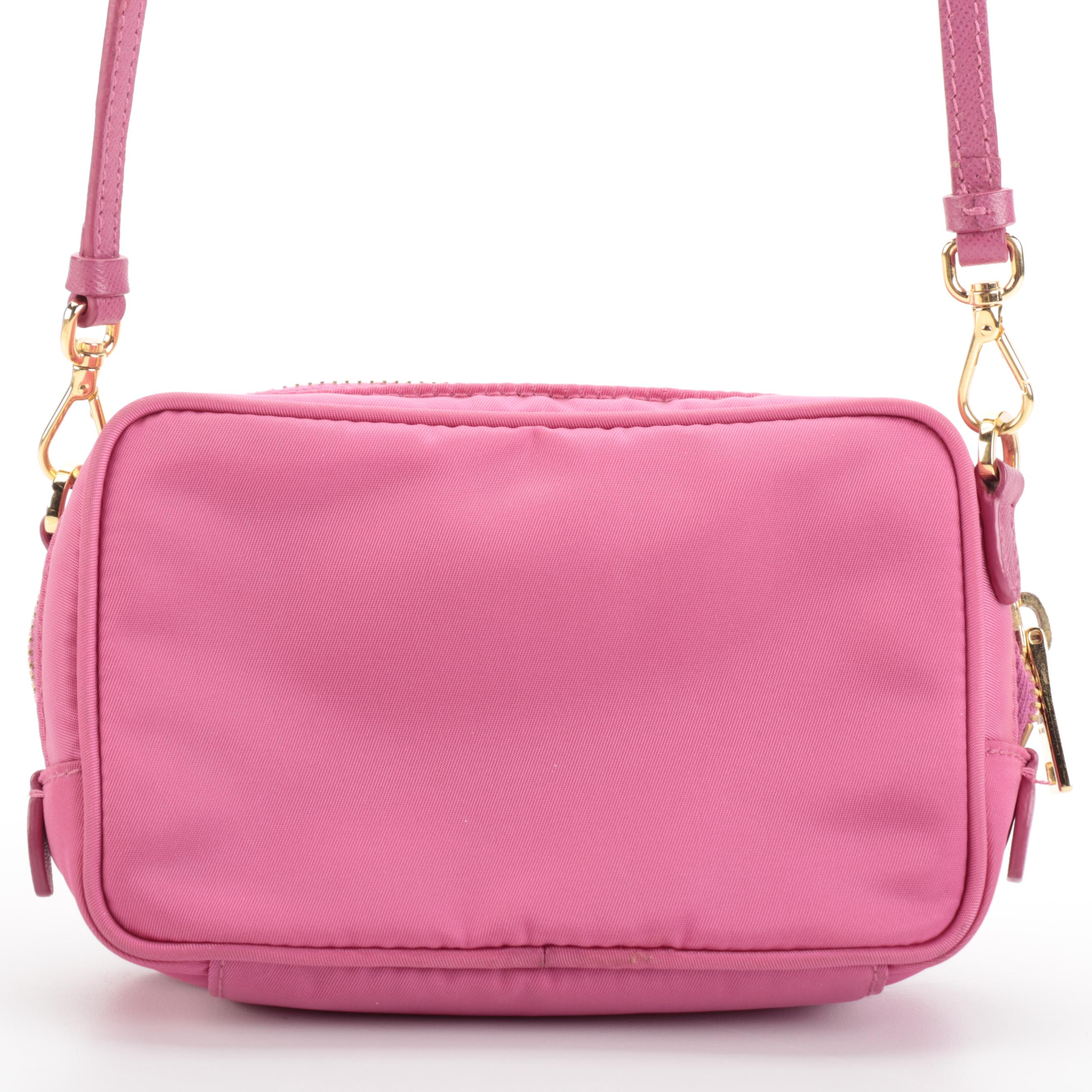 Prada Tessuto Bow Camera Crossbody Bag in Pink Nylon and Saffiano Leather