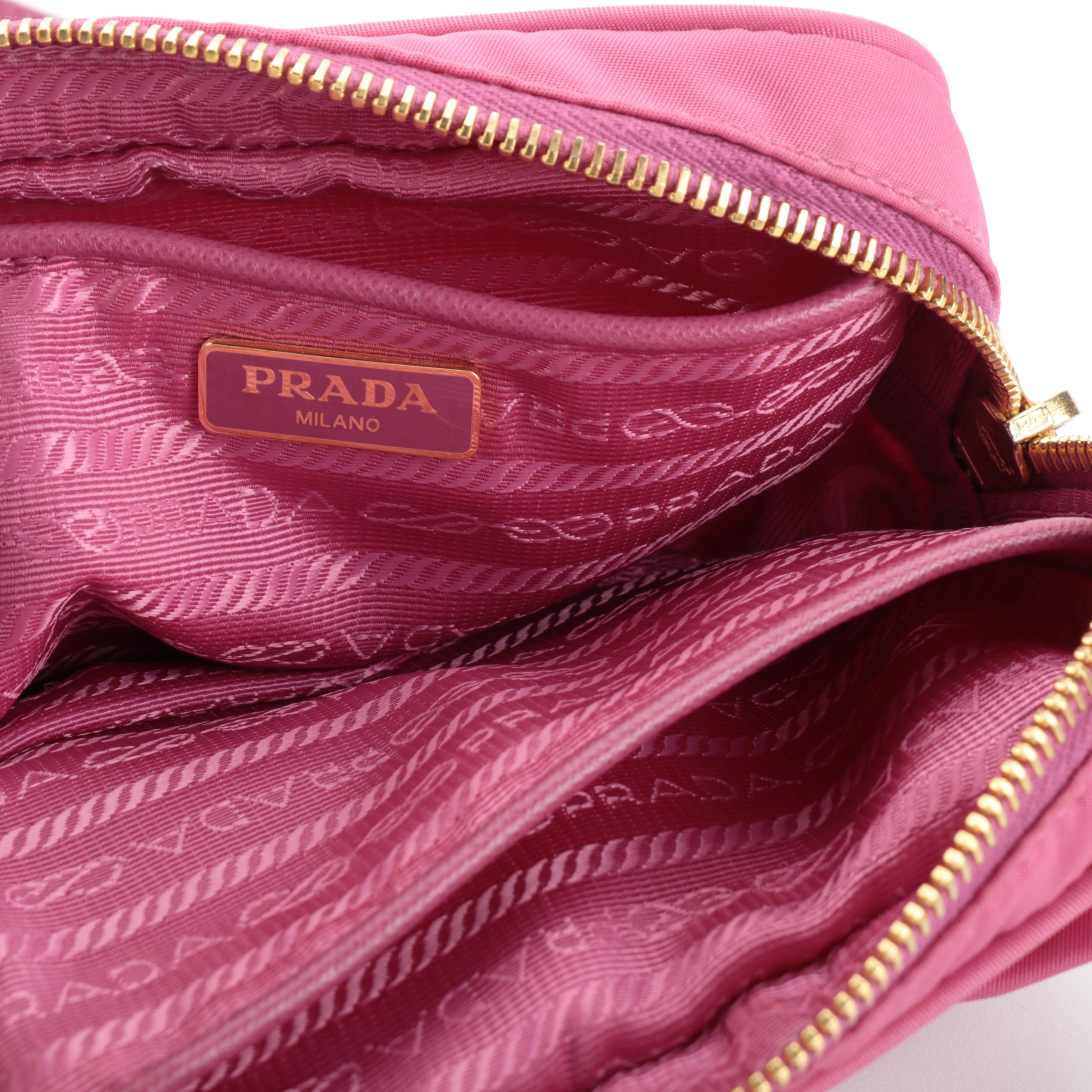 Prada Tessuto Bow Camera Crossbody Bag in Pink Nylon and Saffiano Leather