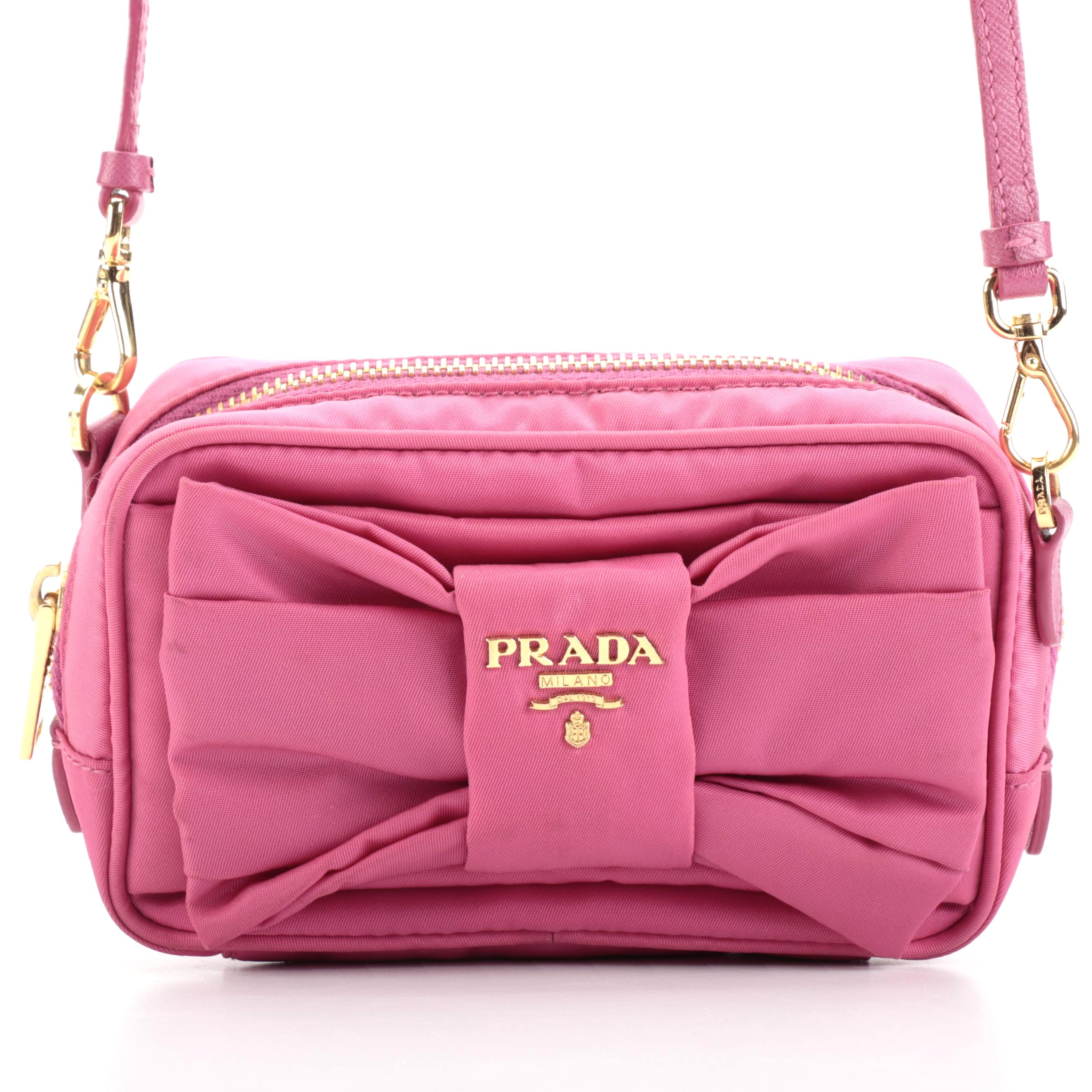 Prada Tessuto Bow Camera Crossbody Bag in Pink Nylon and Saffiano Leather