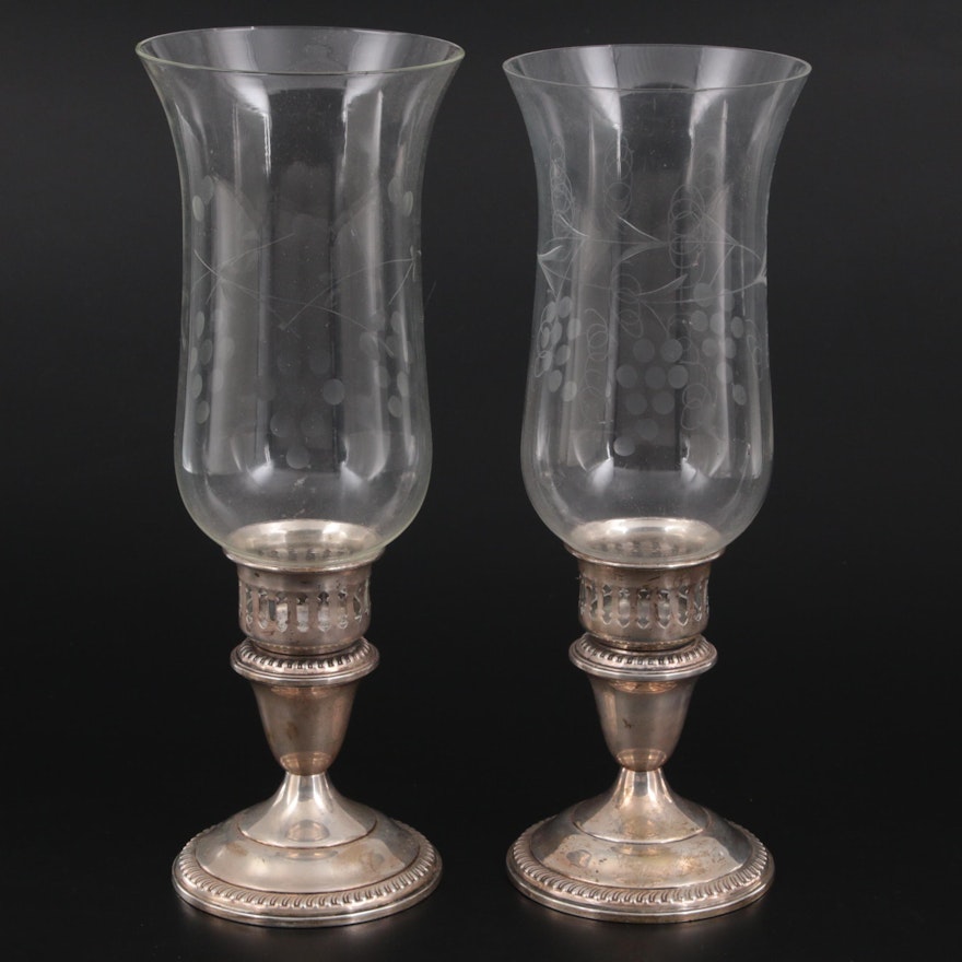 Pair of Empire Sterling Silver Weighted Candlesticks with Glass Hurricane Shades