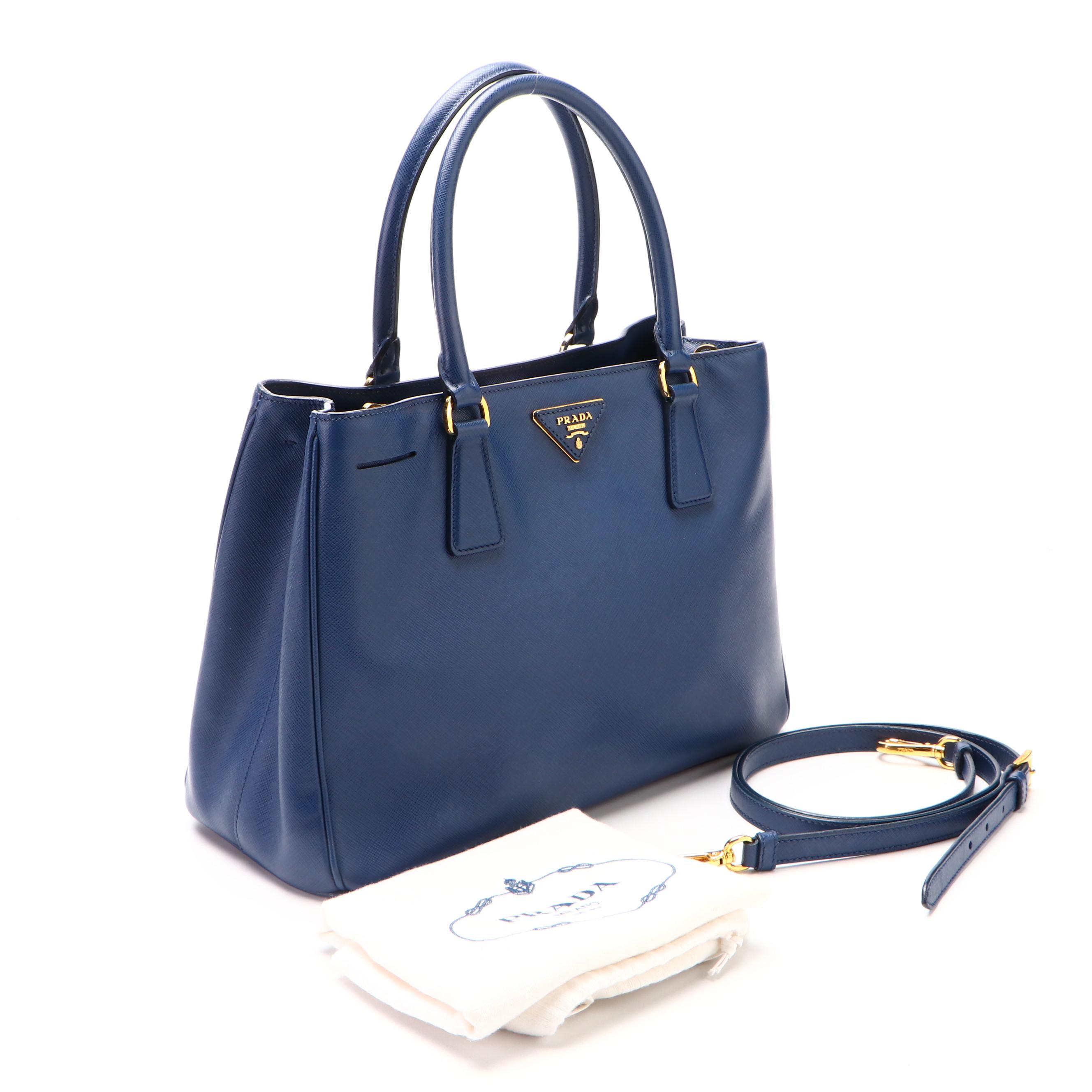 Prada Medium Lux Tote Handbag in Blue Saffiano Leather with Detachable Strap