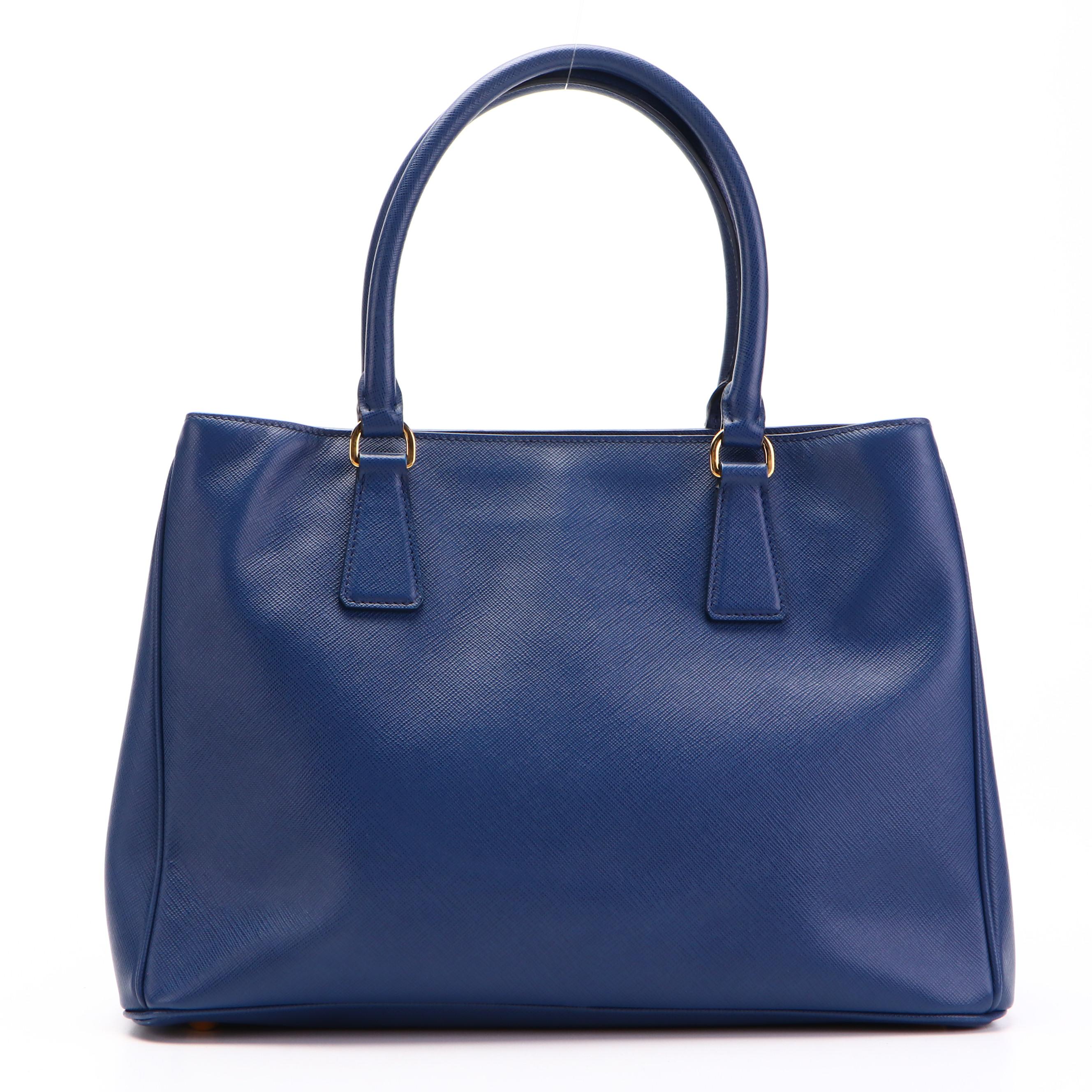 Prada Medium Lux Tote Handbag in Blue Saffiano Leather with Detachable Strap