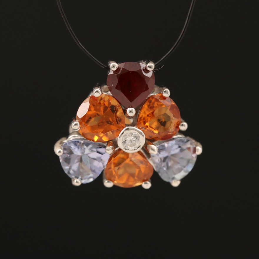 Sterling Garnet, Zircon and Tanzanite Cluster Pendant