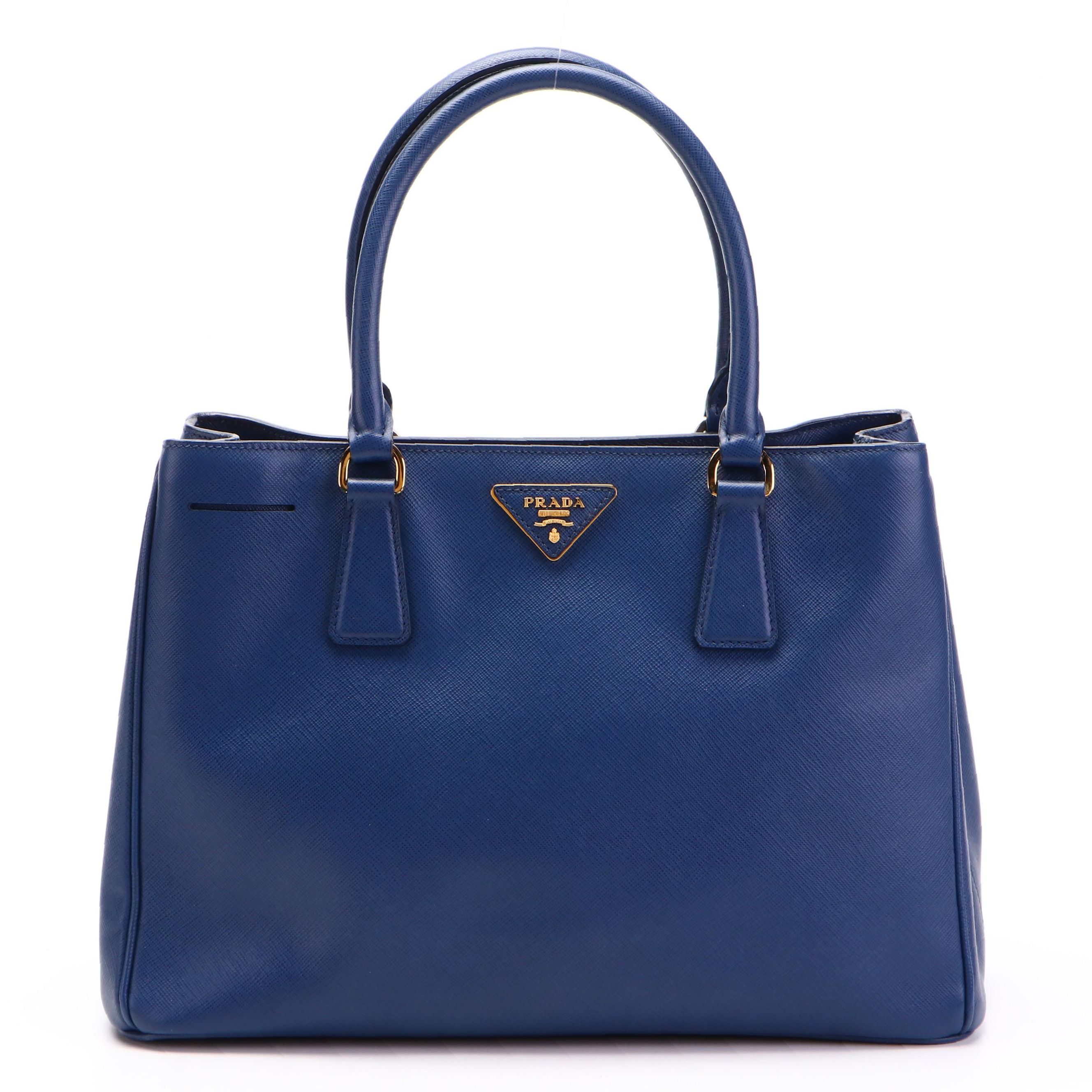 Prada Medium Lux Tote Handbag in Blue Saffiano Leather with Detachable Strap