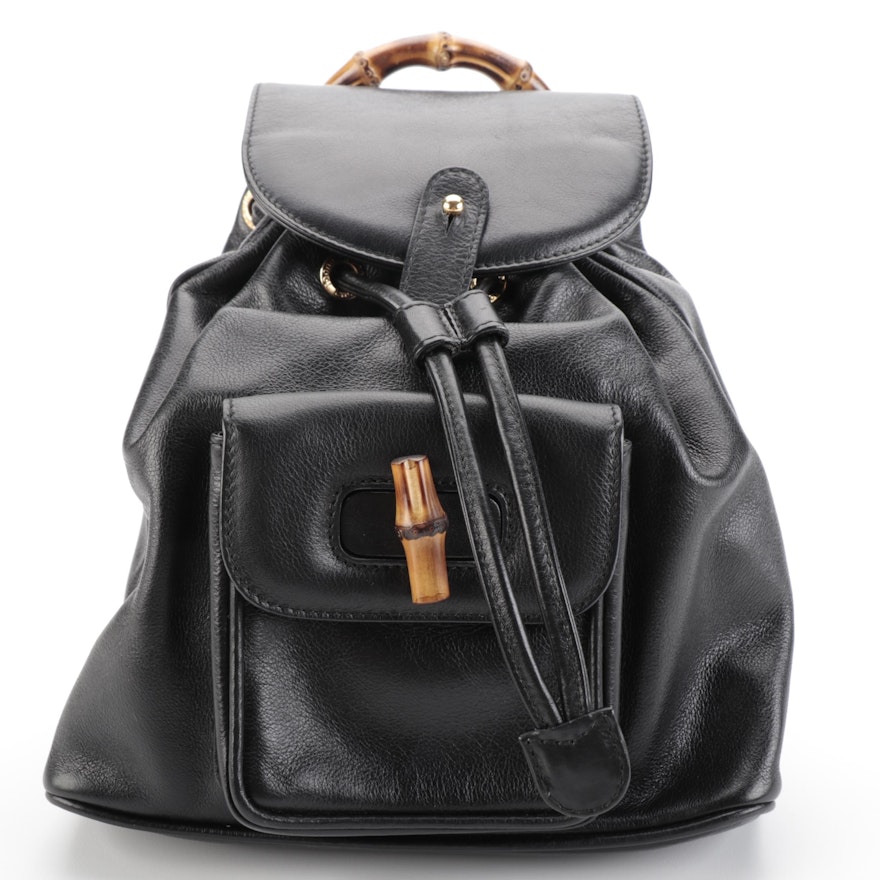 Gucci Mini Backpack in Black Grained Leather with Bamboo Handle and Toggle