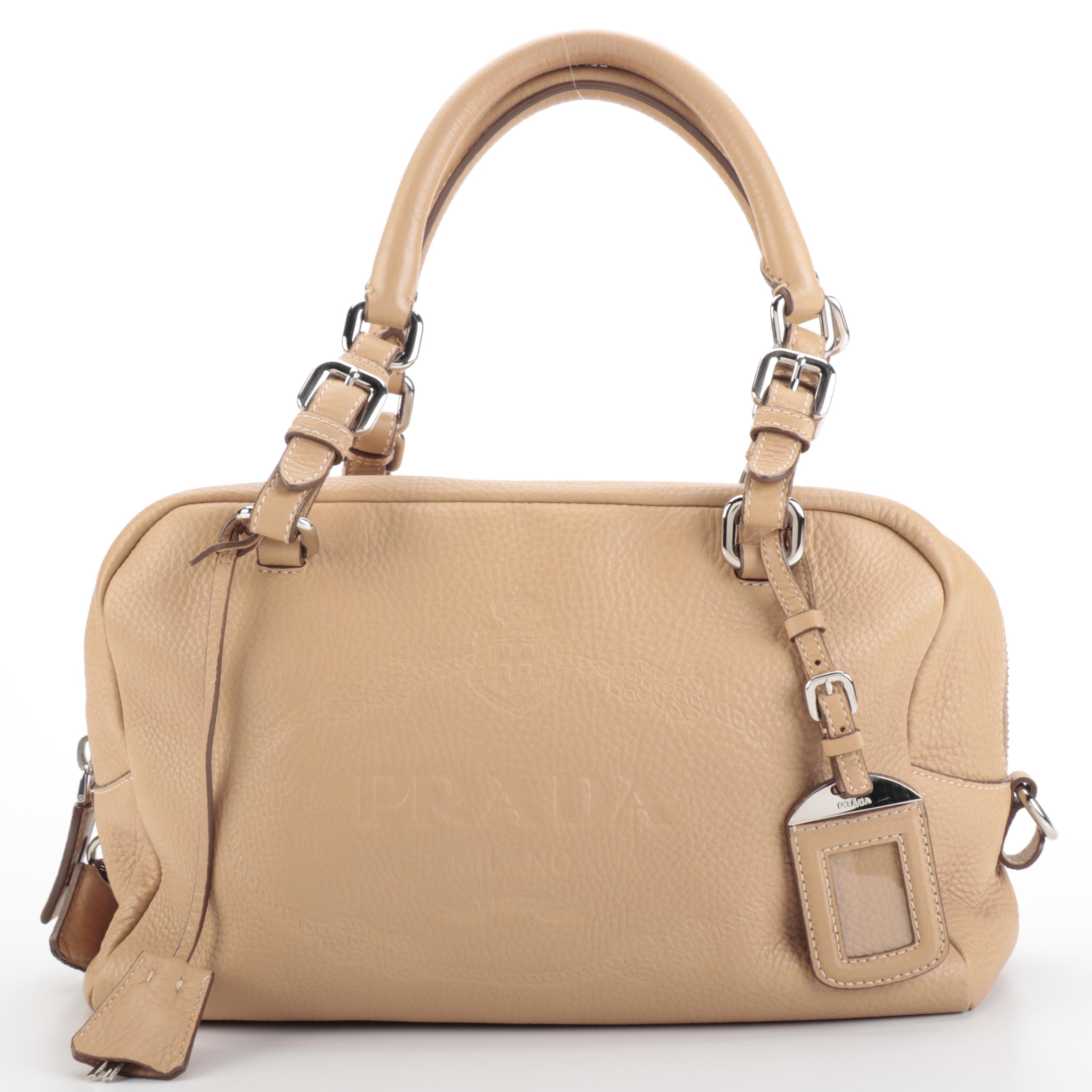 Prada Medium Bauletto Bag in Tan Vitello Daino Leather with Embossed Logo