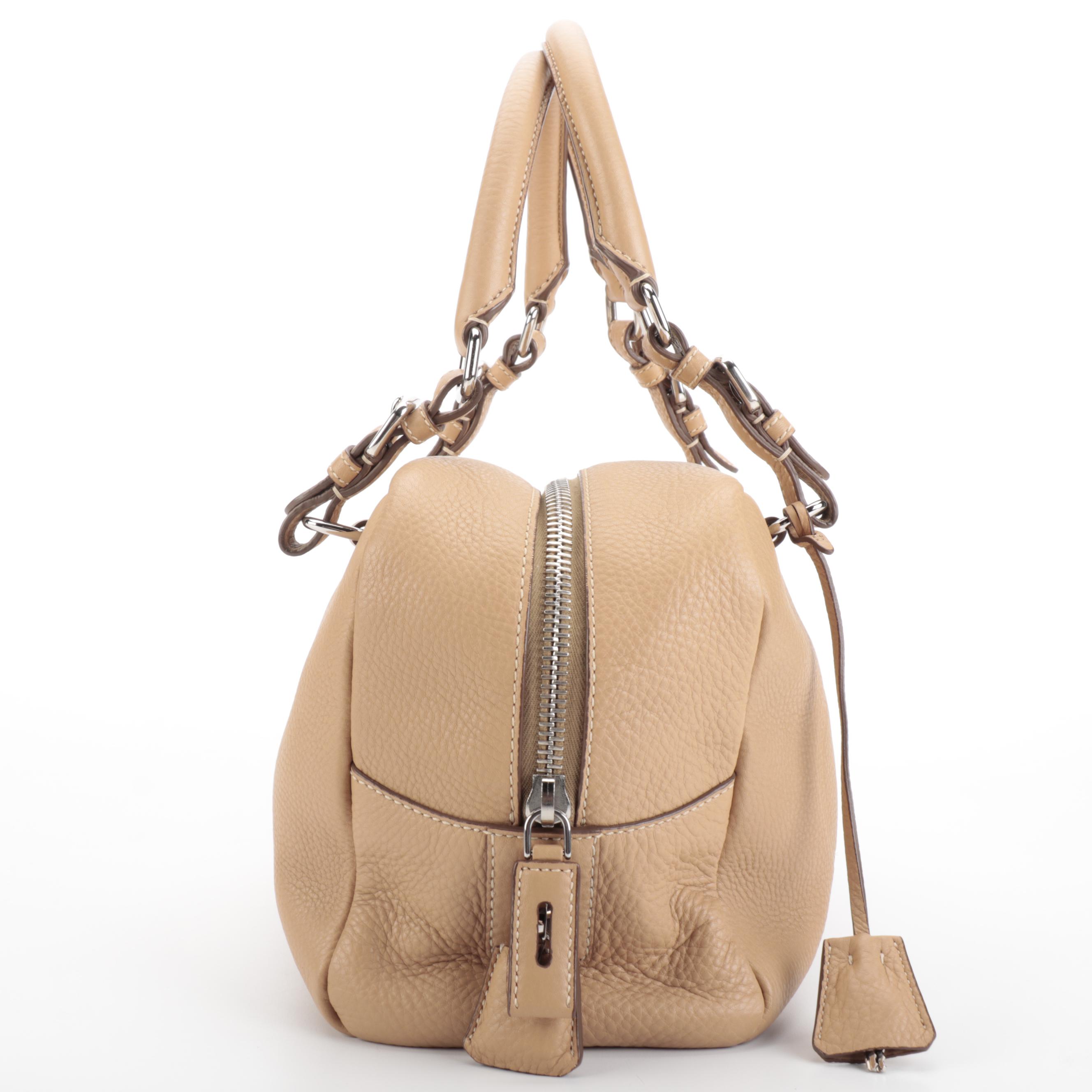 Prada Medium Bauletto Bag in Tan Vitello Daino Leather with Embossed Logo
