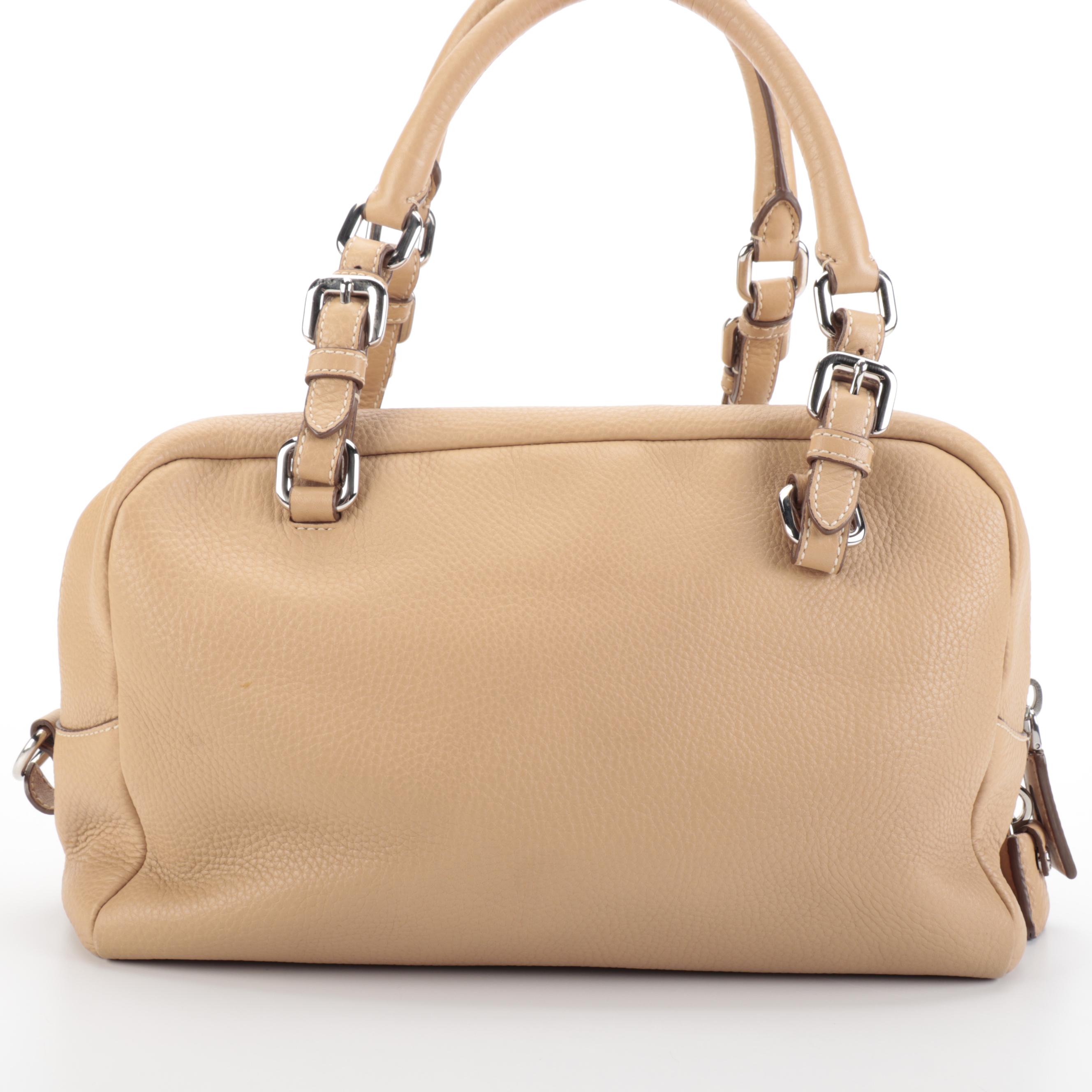 Prada Medium Bauletto Bag in Tan Vitello Daino Leather with Embossed Logo