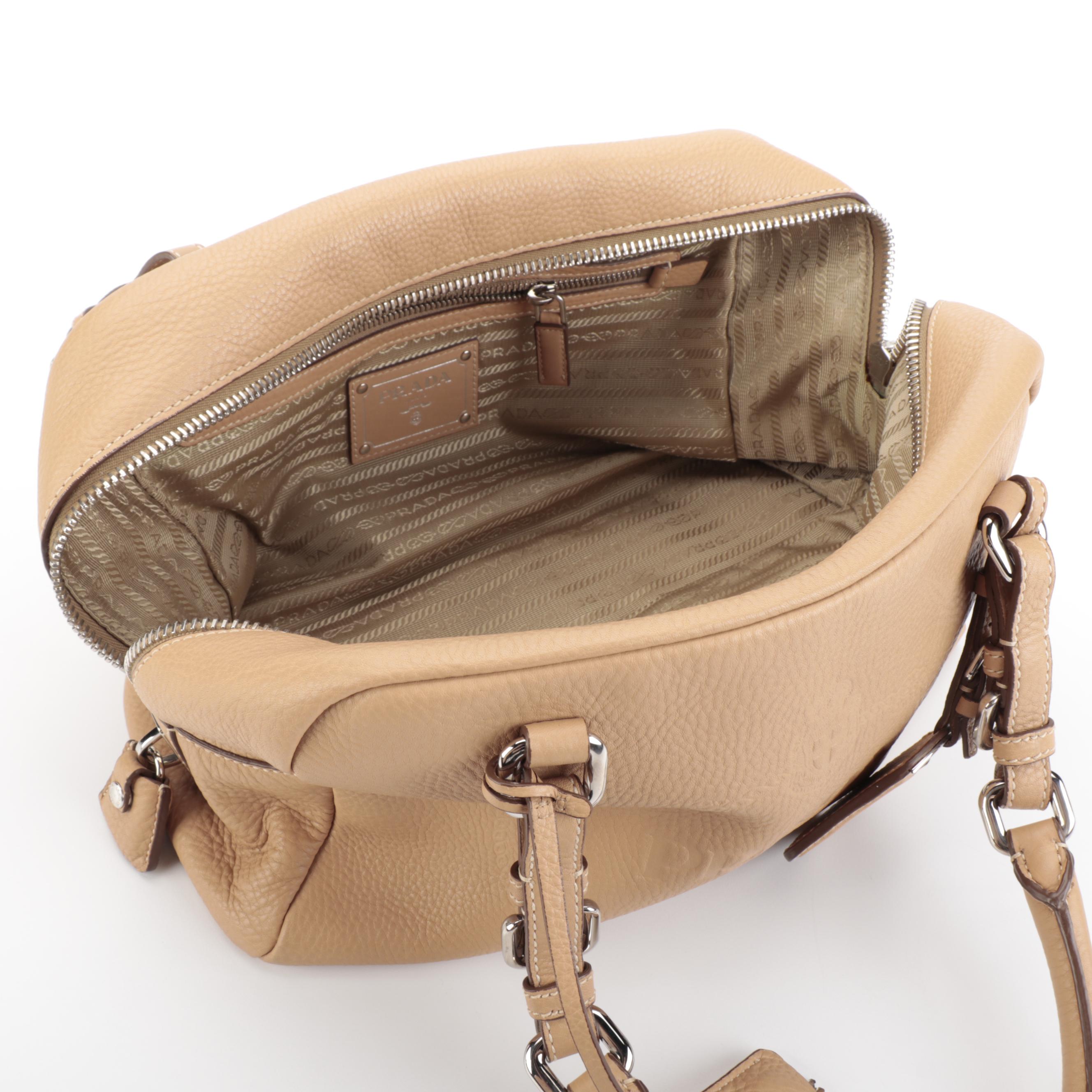 Prada Medium Bauletto Bag in Tan Vitello Daino Leather with Embossed Logo