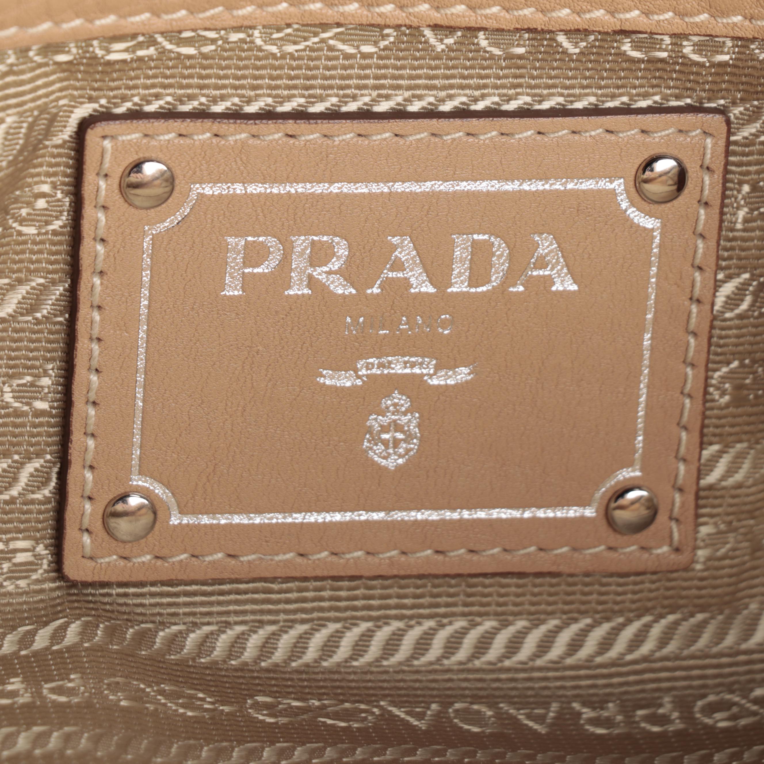 Prada Medium Bauletto Bag in Tan Vitello Daino Leather with Embossed Logo