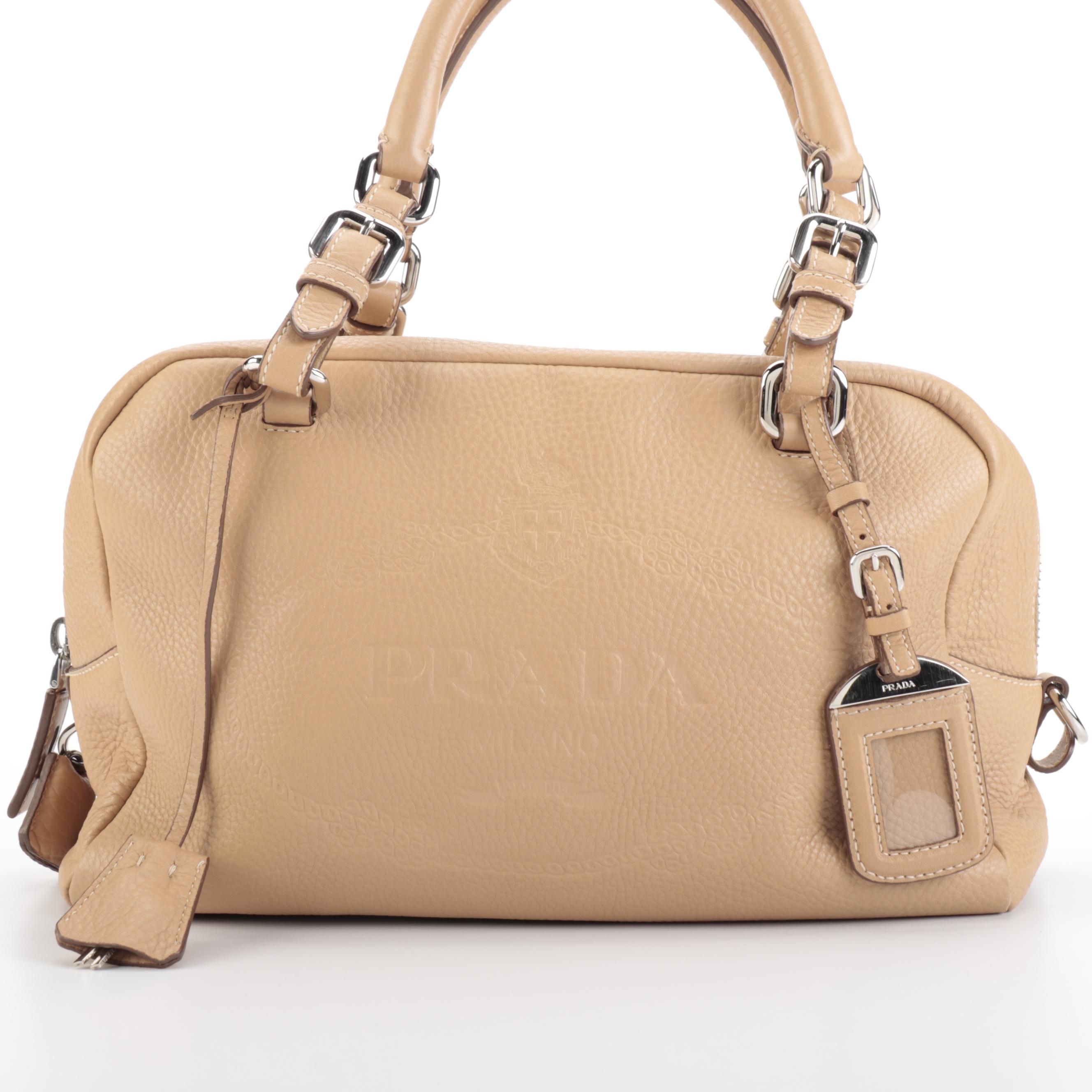 Prada Medium Bauletto Bag in Tan Vitello Daino Leather with Embossed Logo