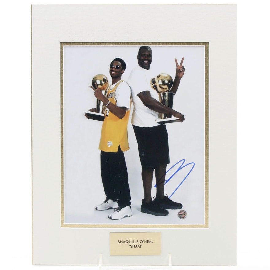 Shaquille O'Neal "Shaq" Signed Holding Trophies with K. Bryant Photo Print, COA