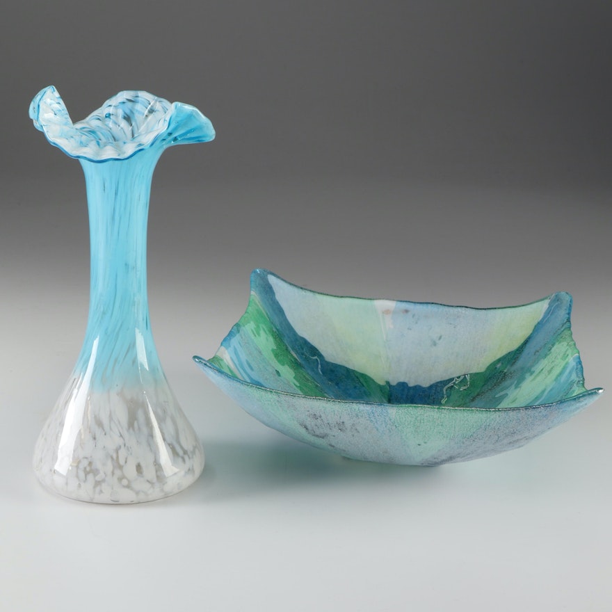 Blue and White Fluted Art Glass Vase with Green, Blue, and Glitter Accent Bowl