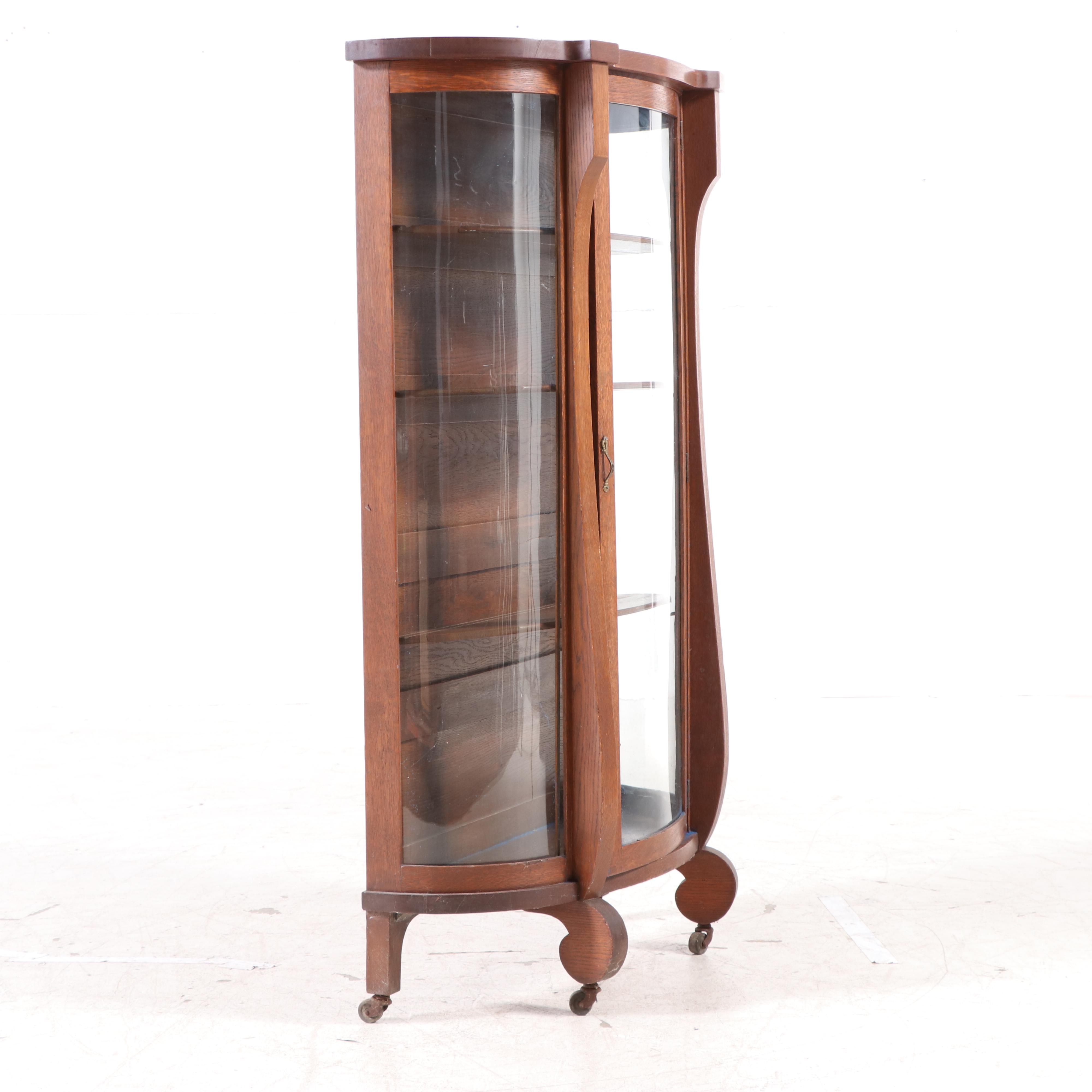 American Empire Revival Quartersawn Oak & Curved Glass China Cabinet, circa 1900