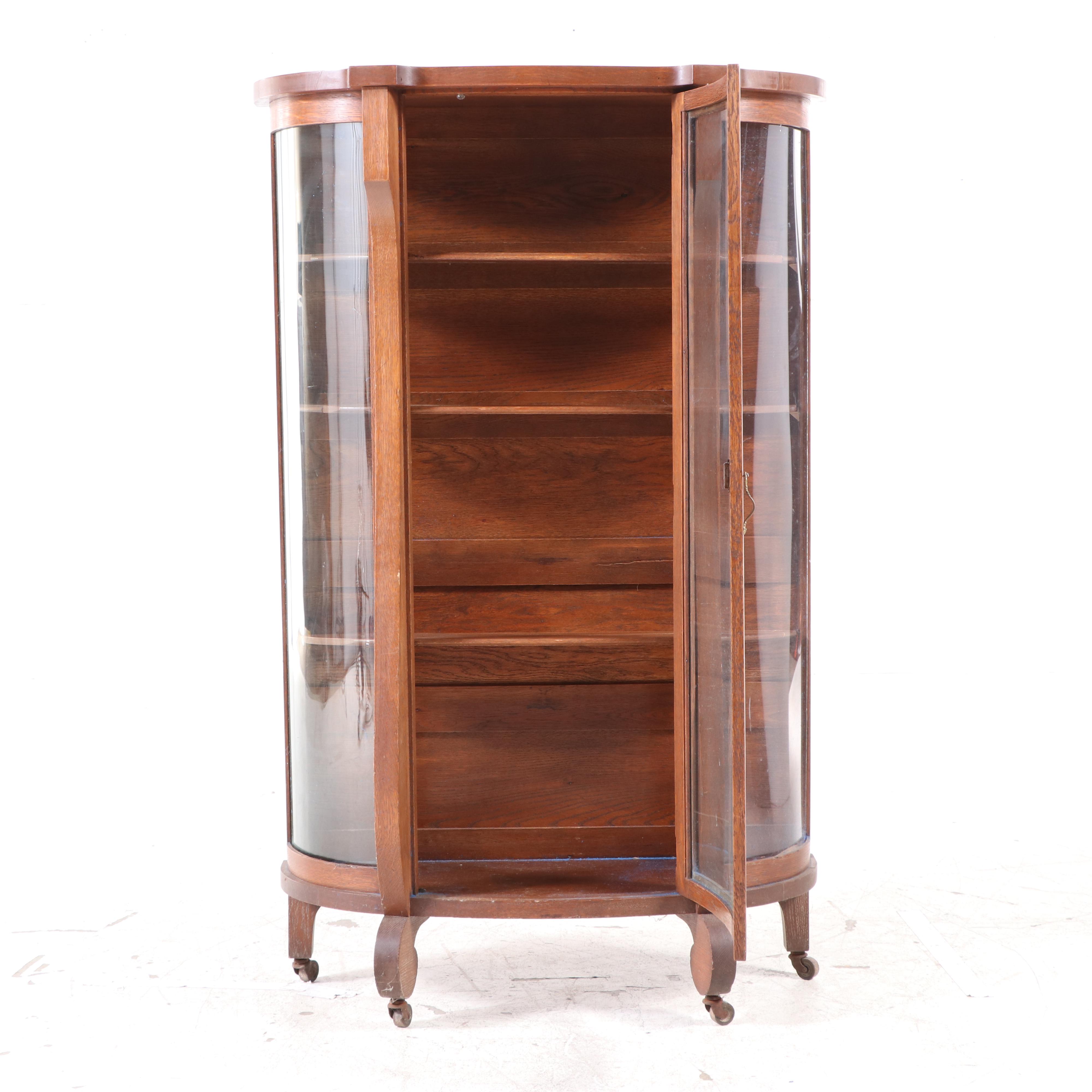 American Empire Revival Quartersawn Oak & Curved Glass China Cabinet, circa 1900