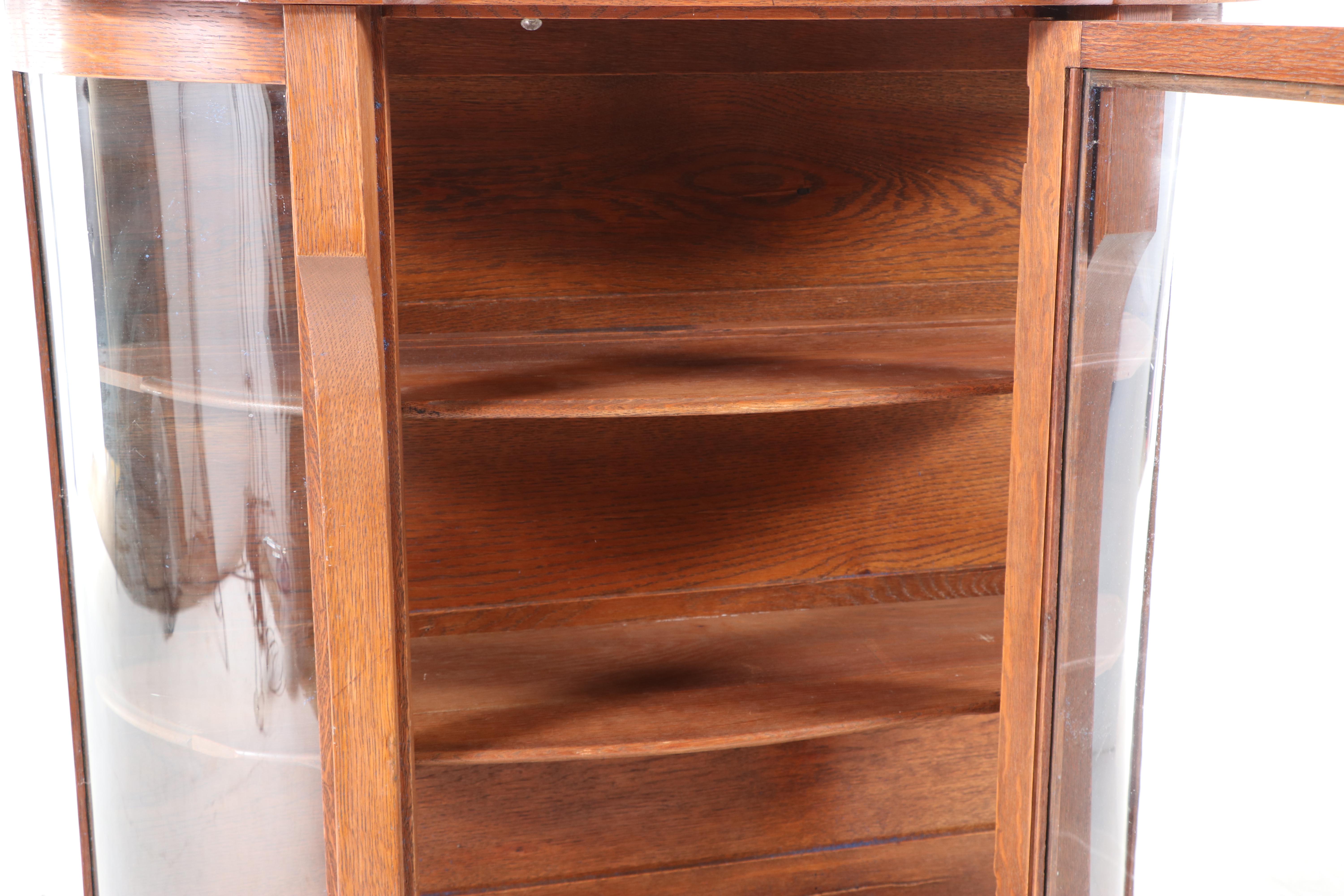 American Empire Revival Quartersawn Oak & Curved Glass China Cabinet, circa 1900