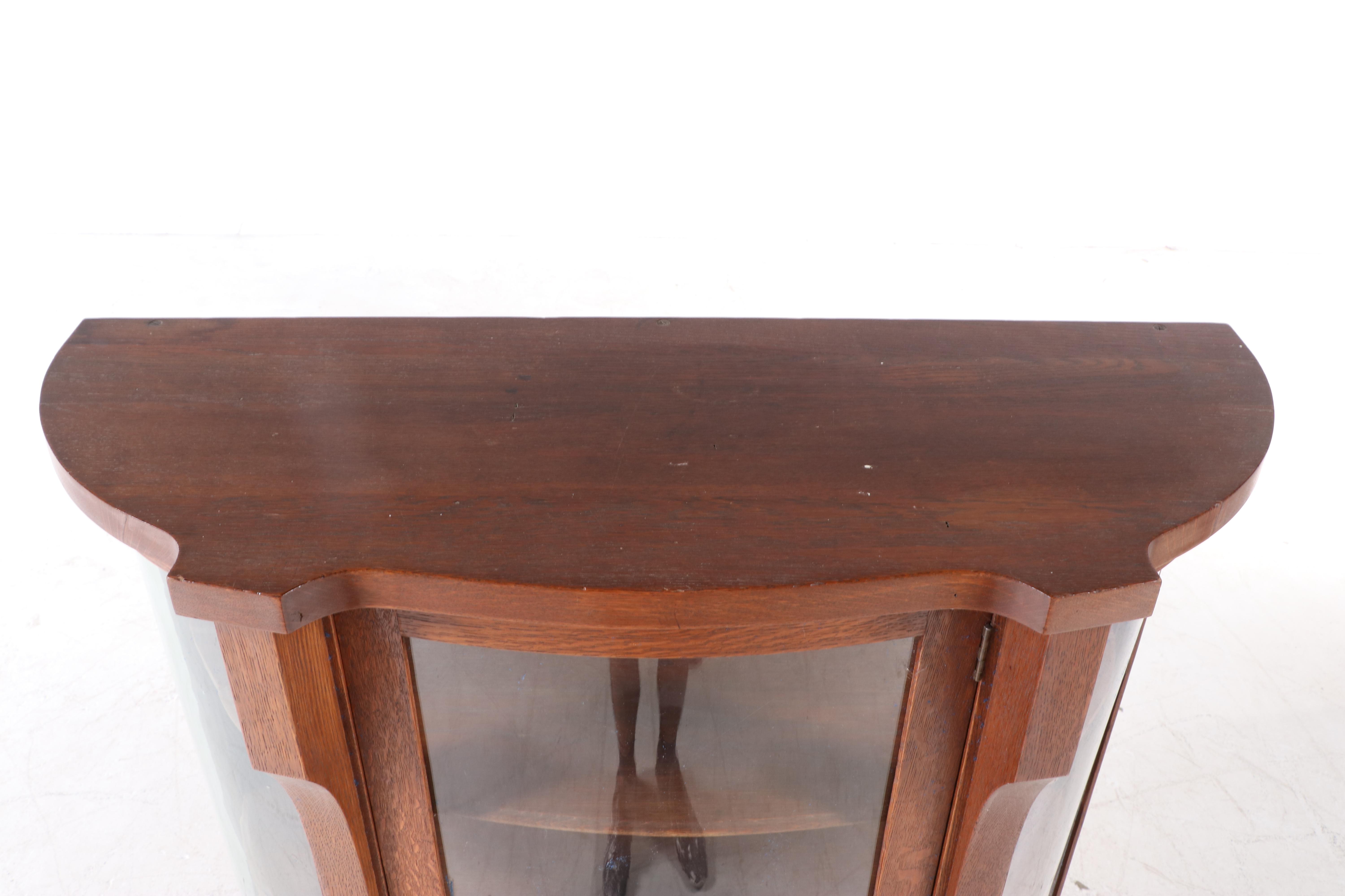 American Empire Revival Quartersawn Oak & Curved Glass China Cabinet, circa 1900