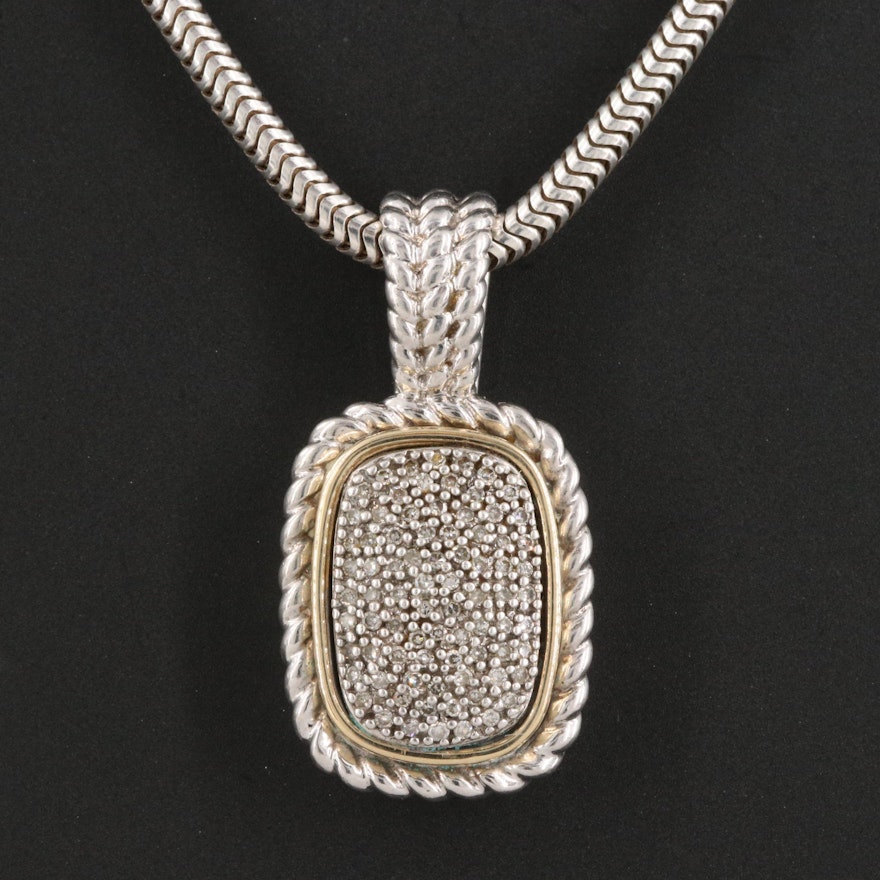 Sterling Silver Pavé Diamond Pendant Necklace with 14K Accent