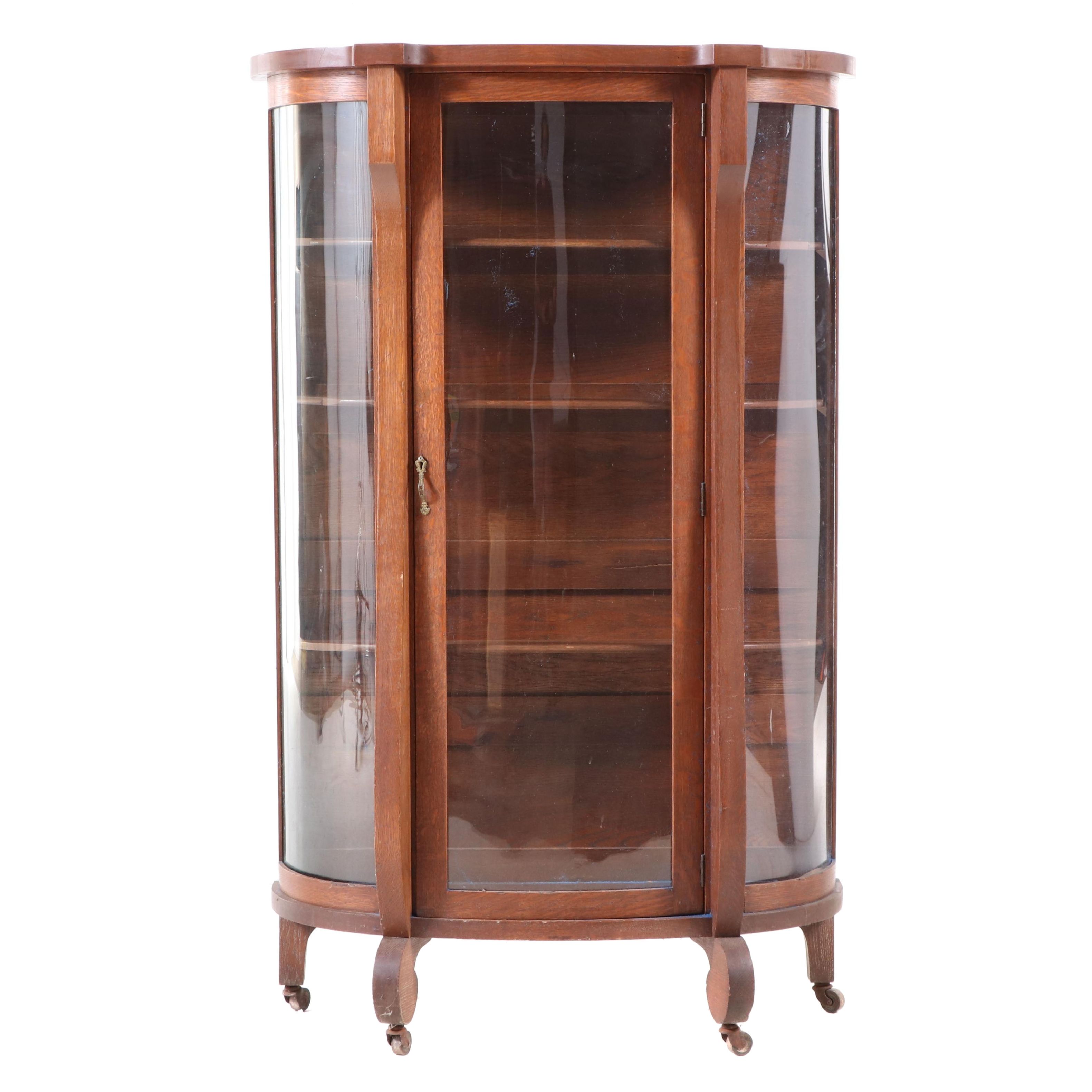 American Empire Revival Quartersawn Oak & Curved Glass China Cabinet, circa 1900