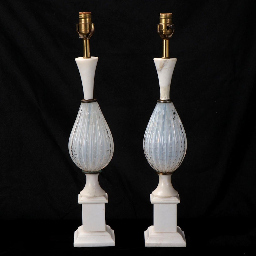 Italian Controlled Bubble Art Glass and Marble Table Lamps, Mid/Late 20th C.