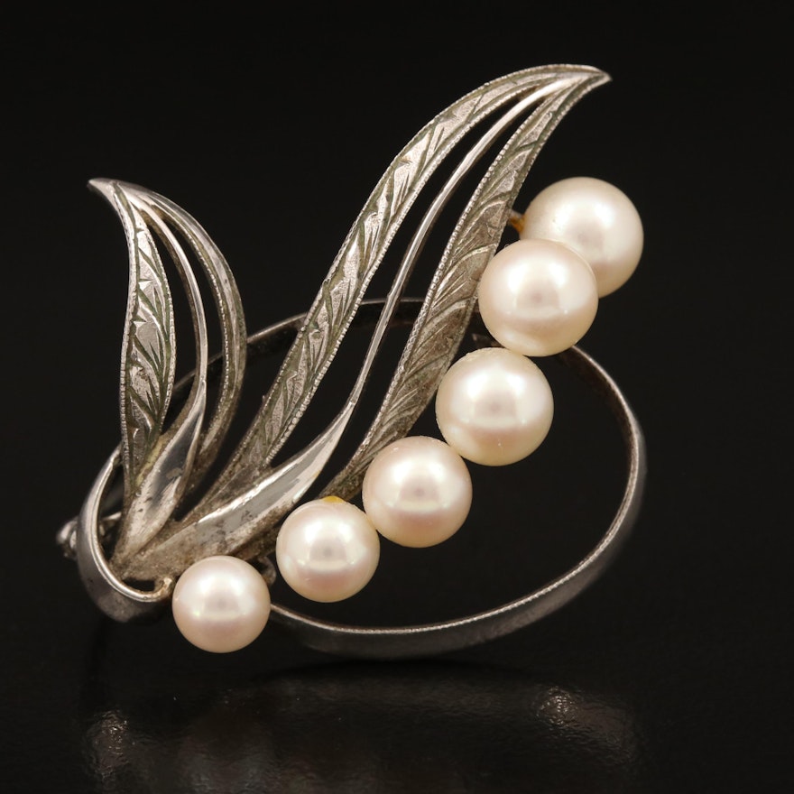 Vintage Mikimoto Sterling Pearl Foliate Brooch