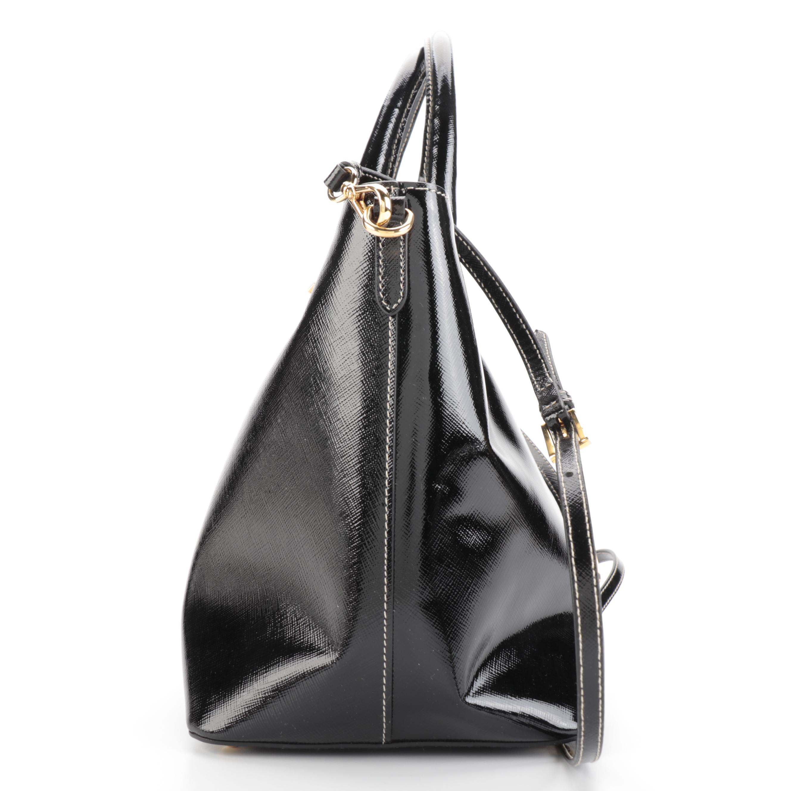 Prada Small Open Convertible Tote Bag in Black Patent Saffiano Leather