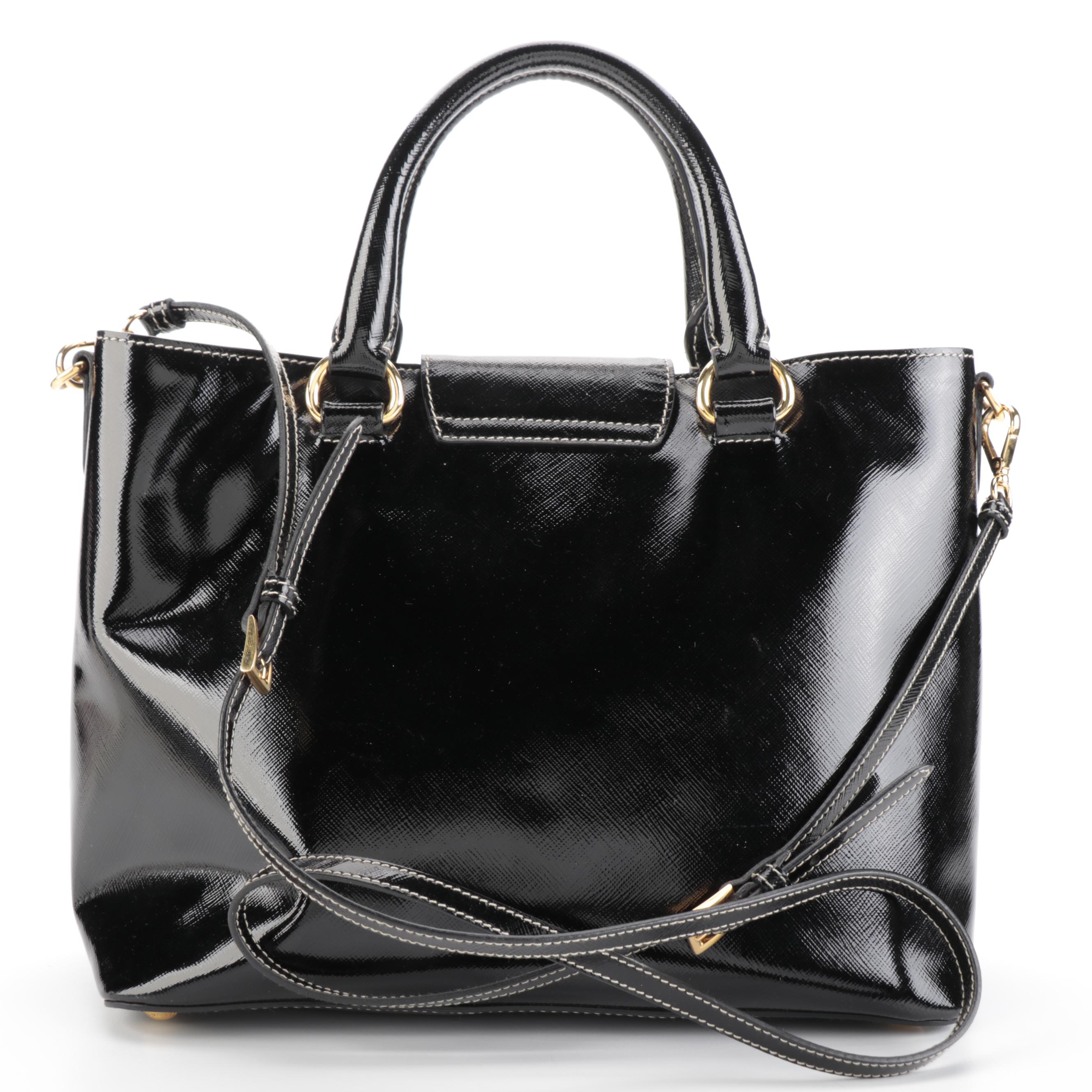 Prada Small Open Convertible Tote Bag in Black Patent Saffiano Leather