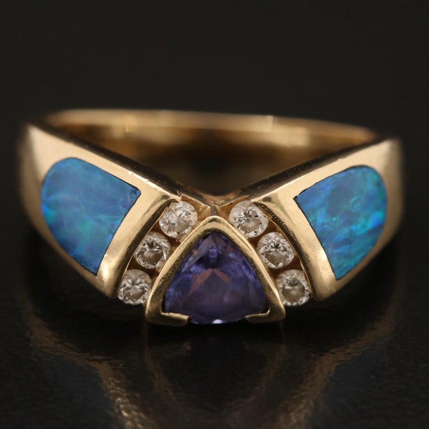 14K Tanzanite and Diamond Ring with Opal Inlaid Shoulders